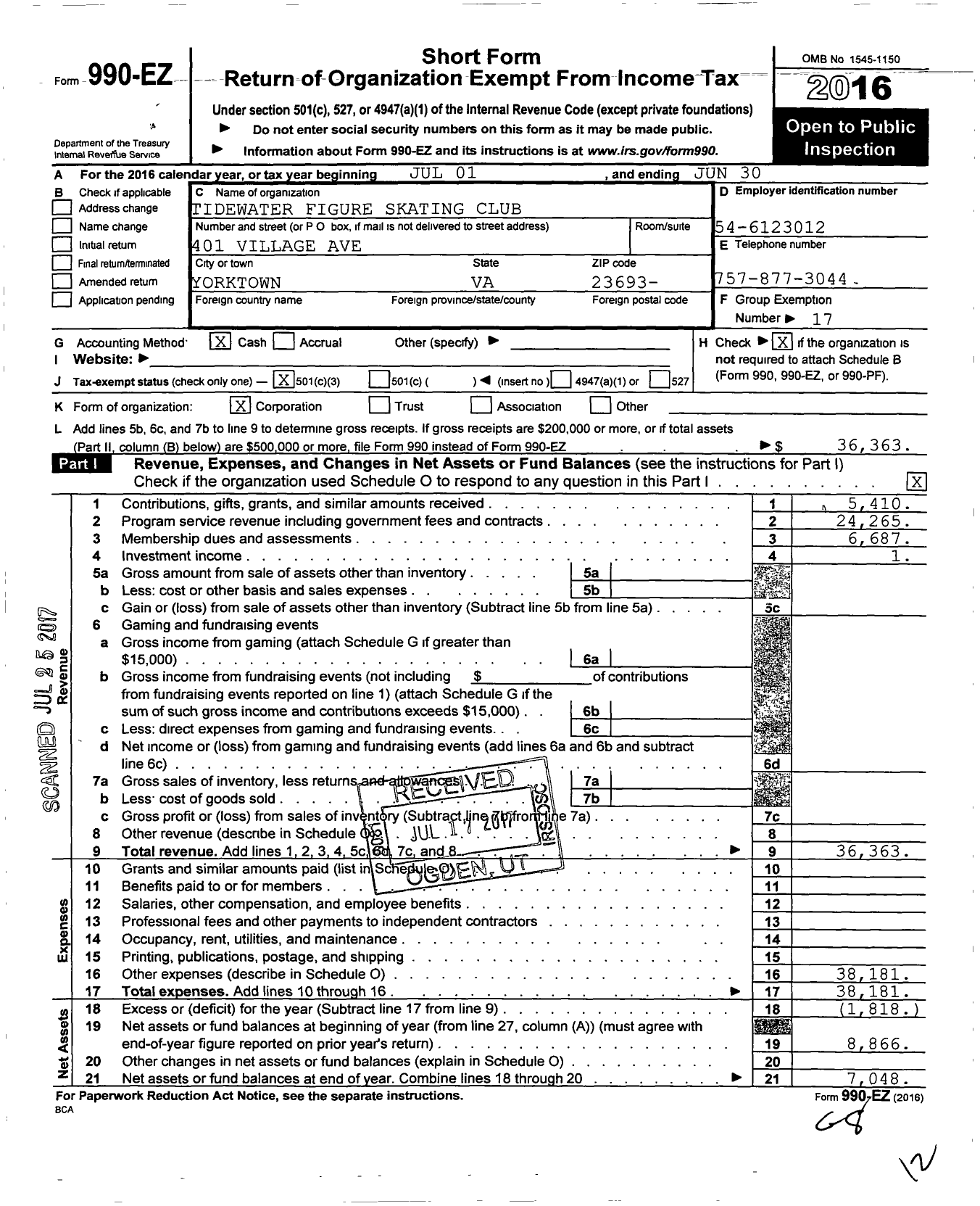 Image of first page of 2016 Form 990EZ for Tidewater Figure Skating Club