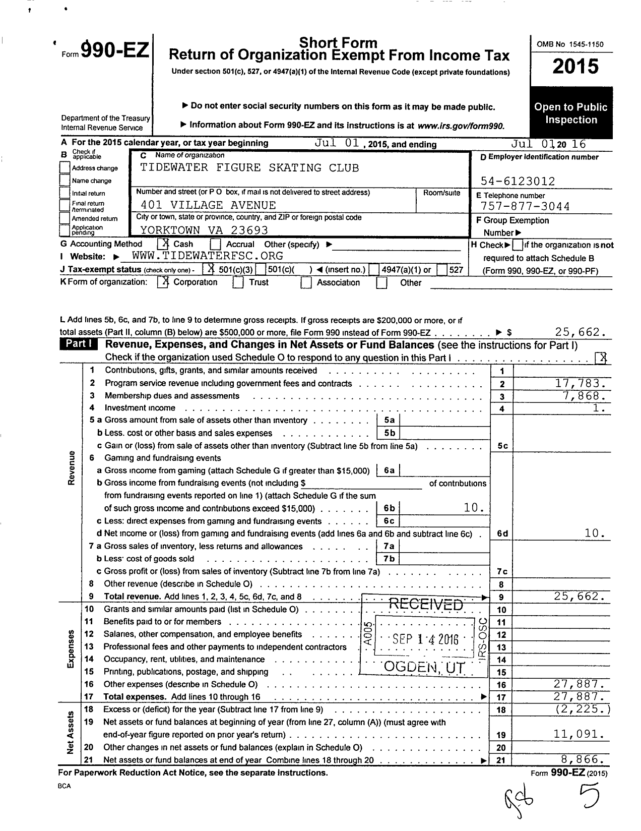 Image of first page of 2015 Form 990EZ for Tidewater Figure Skating Club