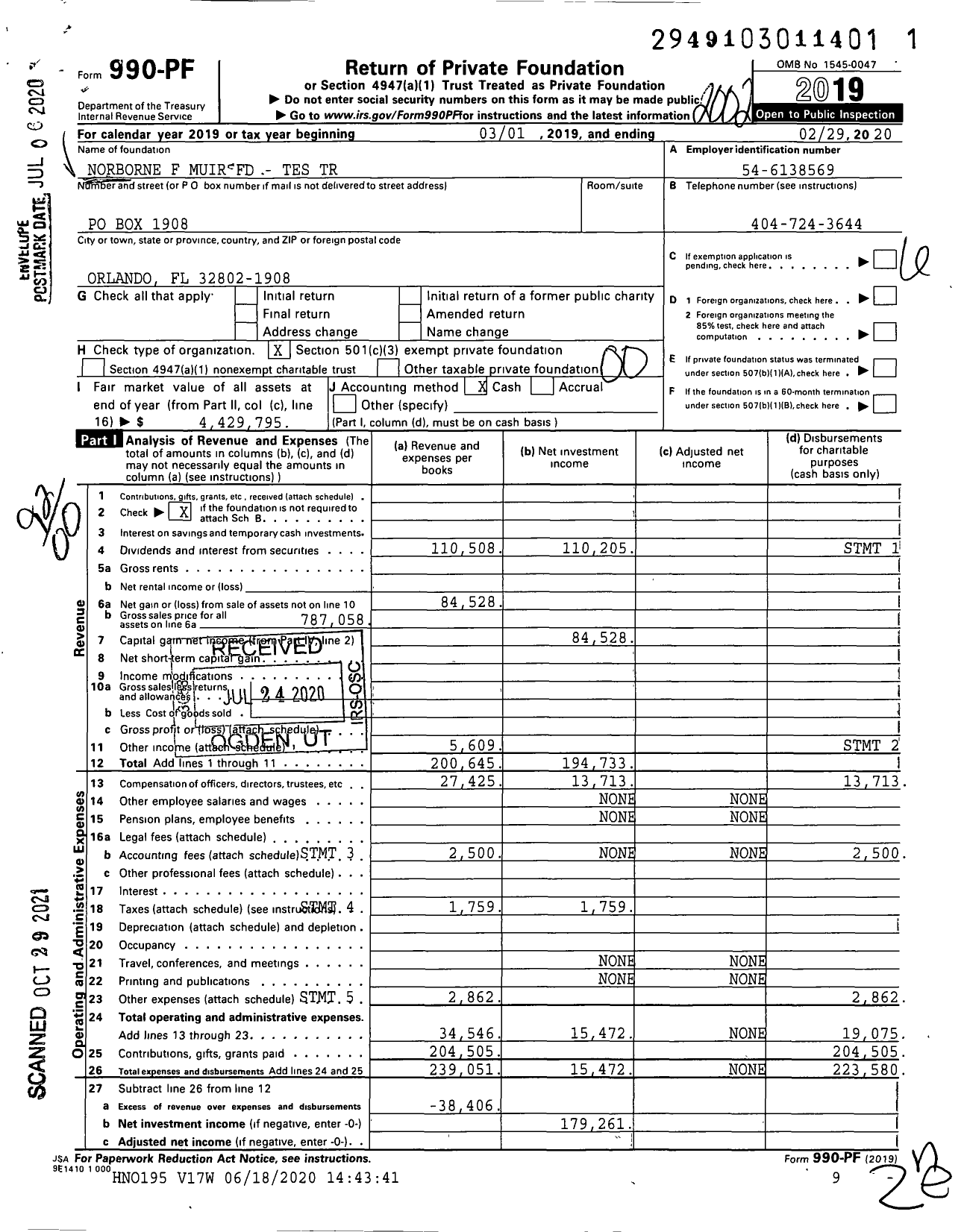 Image of first page of 2019 Form 990PF for Norborne F Muir FD - Tes Trust