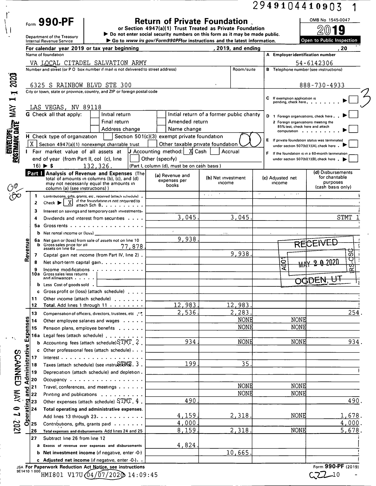 Image of first page of 2019 Form 990PF for Va Local Citadel Salvation Army