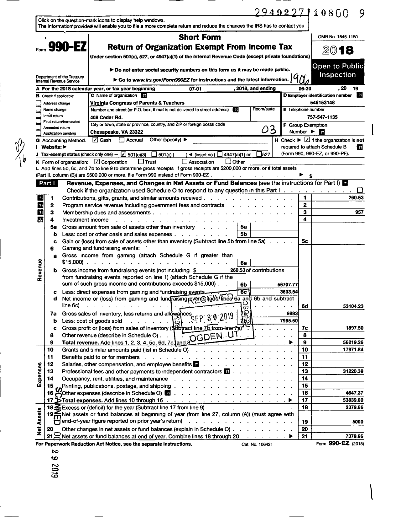 Image of first page of 2018 Form 990EZ for Virginia PTA - Great Bridge Primary PTA