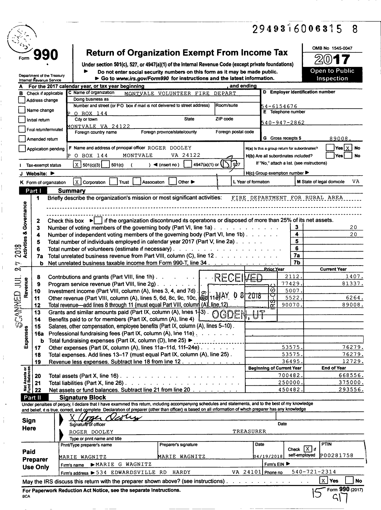 Image of first page of 2017 Form 990 for Montvale Fire Department