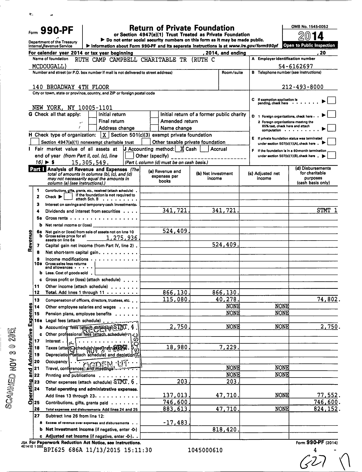 Image of first page of 2014 Form 990PF for Ruth Camp Campbell Charitable Trust