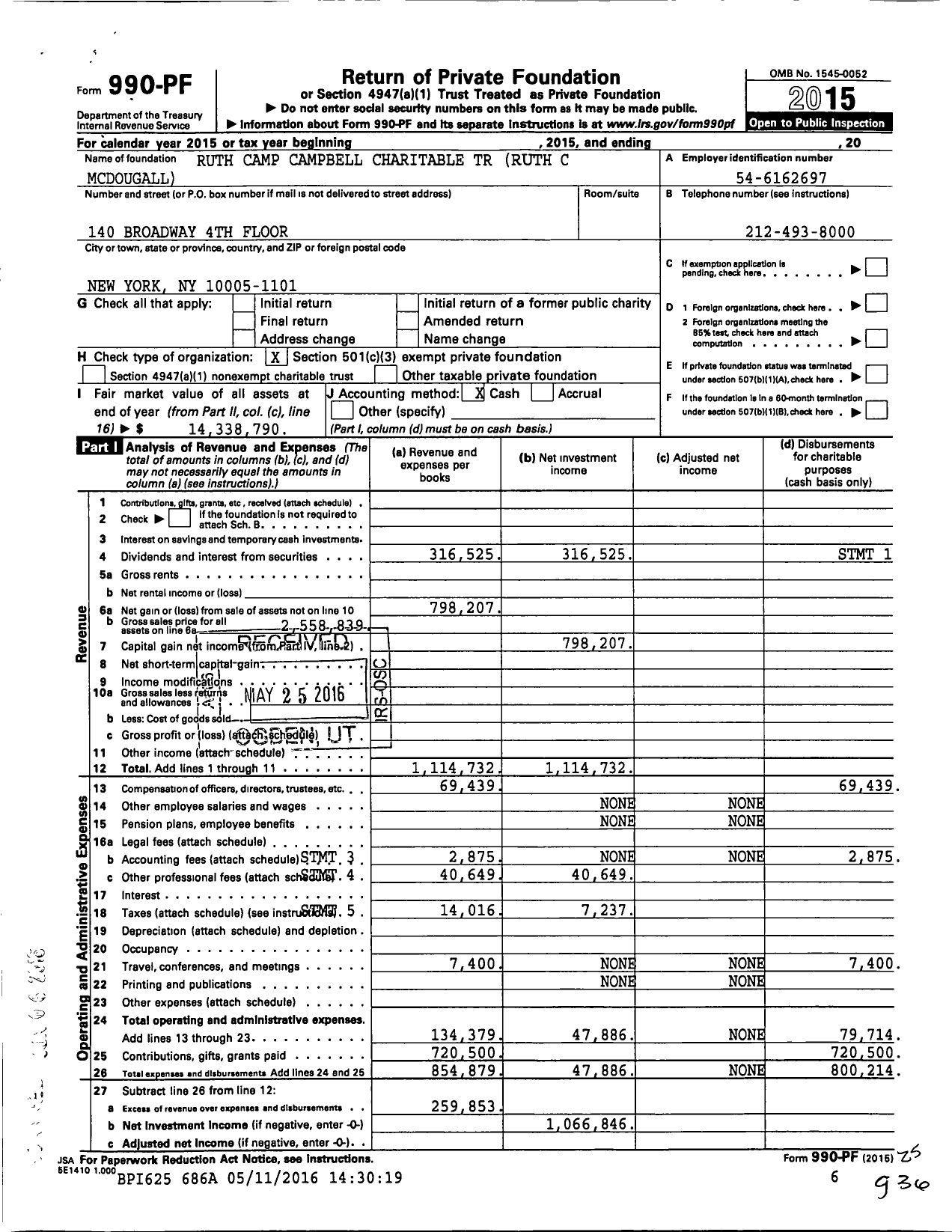 Image of first page of 2015 Form 990PF for Ruth Camp Campbell Charitable Trust