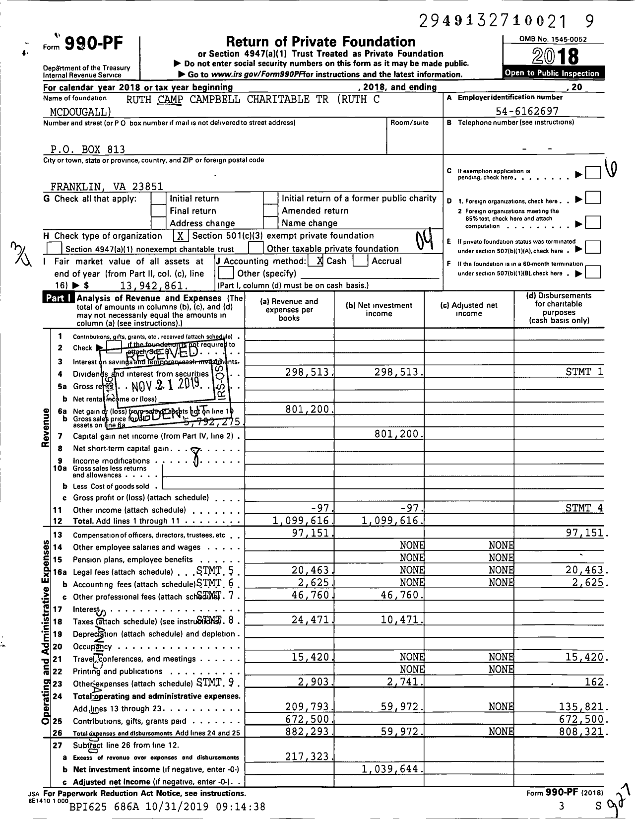 Image of first page of 2018 Form 990PF for Ruth Camp Campbell Charitable Trust