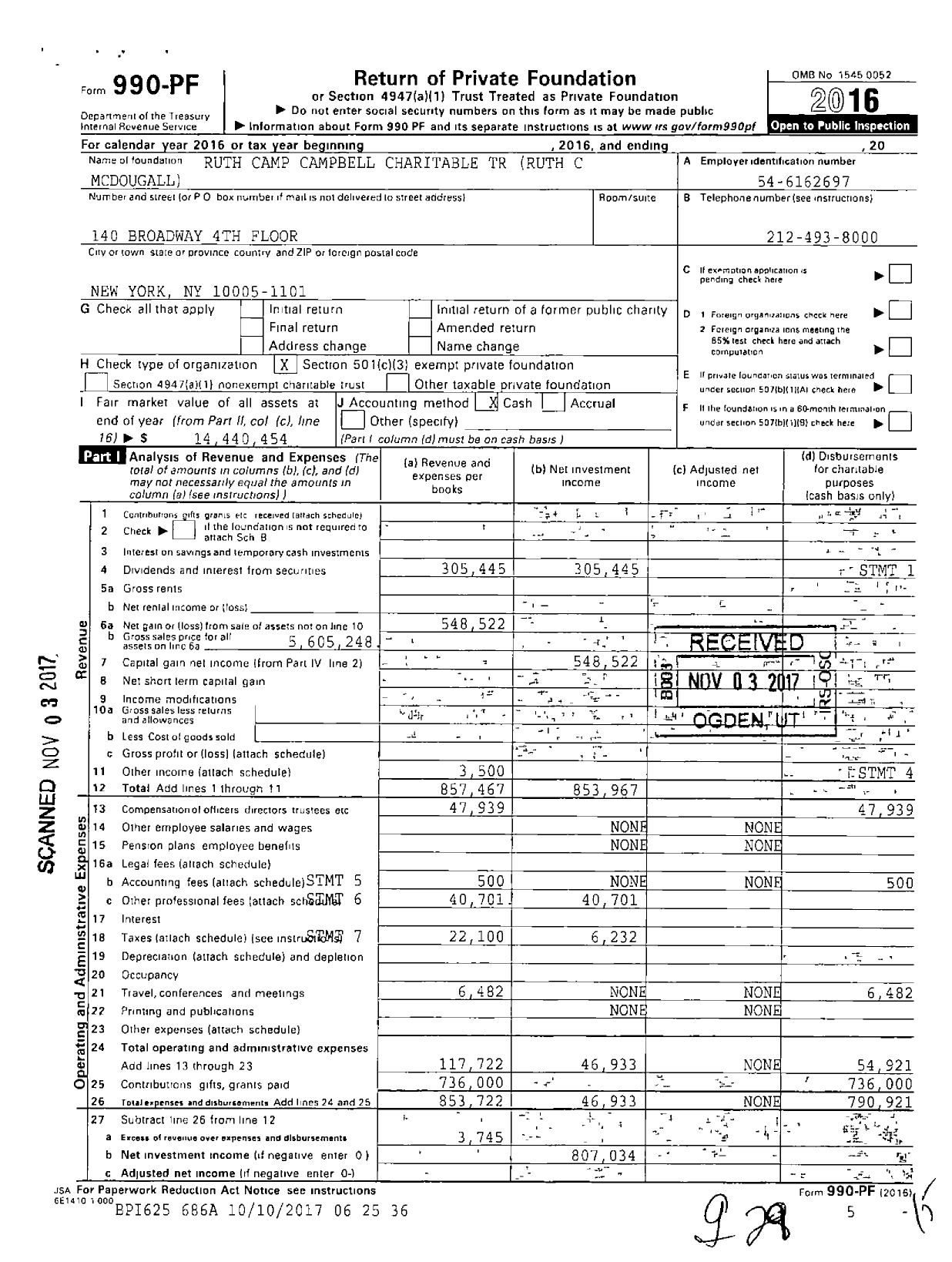 Image of first page of 2016 Form 990PF for Ruth Camp Campbell Charitable Trust