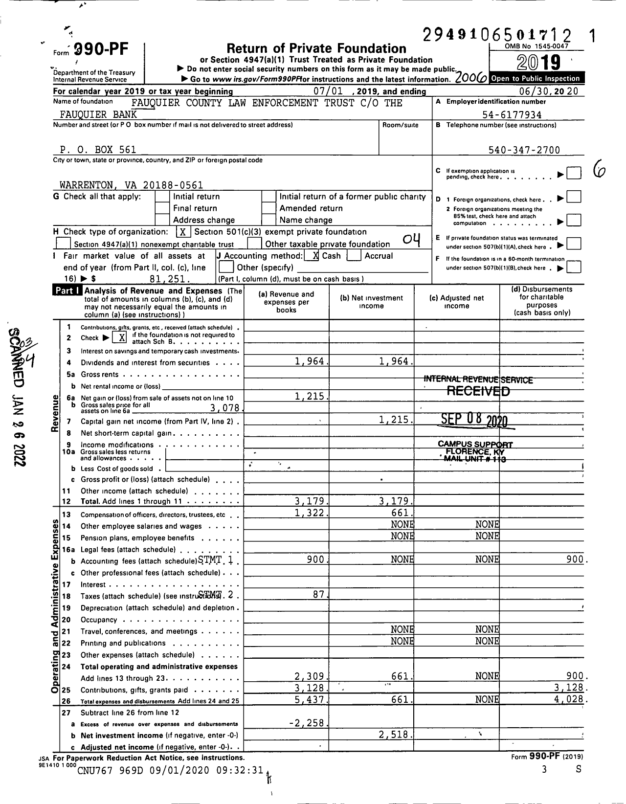 Image of first page of 2019 Form 990PF for Fauquier County Law Enforcement Trust