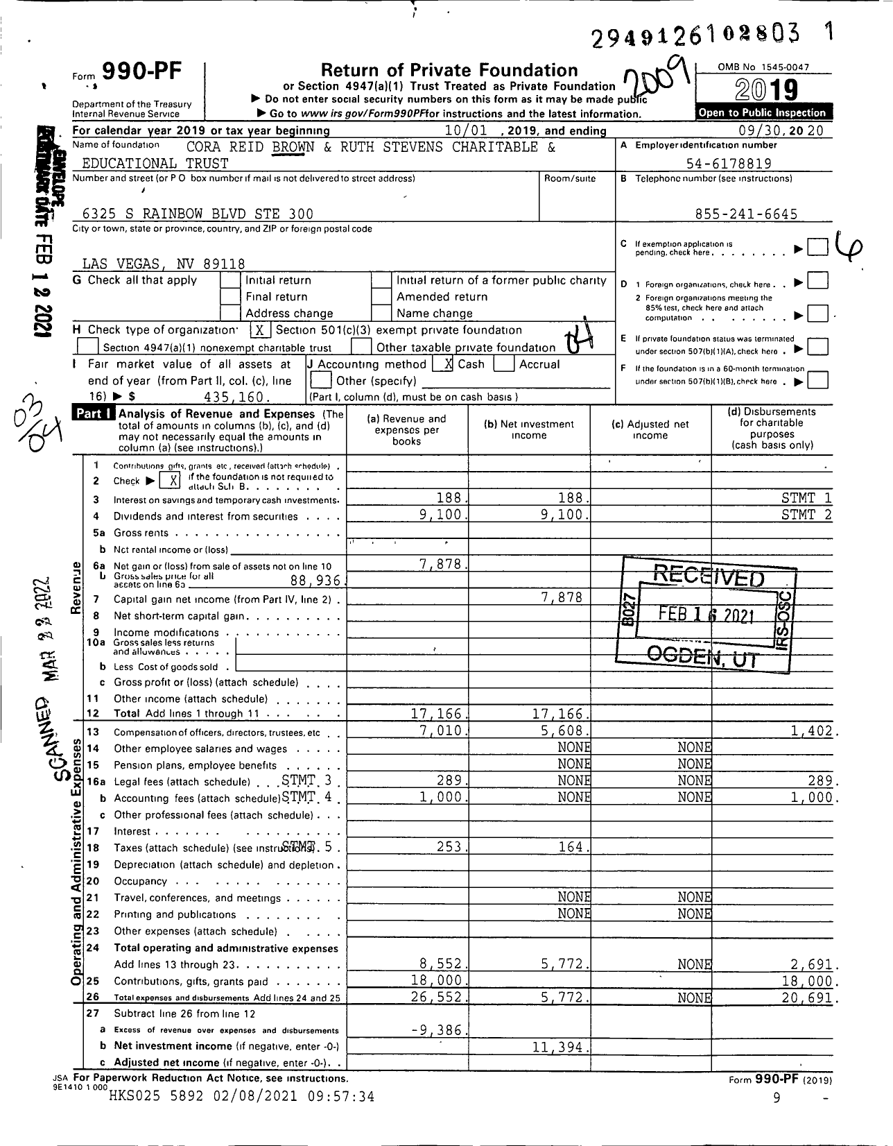 Image of first page of 2019 Form 990PF for Cora Reid Brown and Ruth Stevens Charitable
