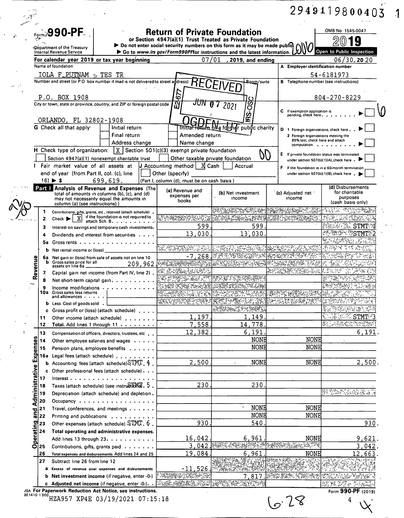 Image of first page of 2019 Form 990PF for Iola F Putnam - Tes Trust