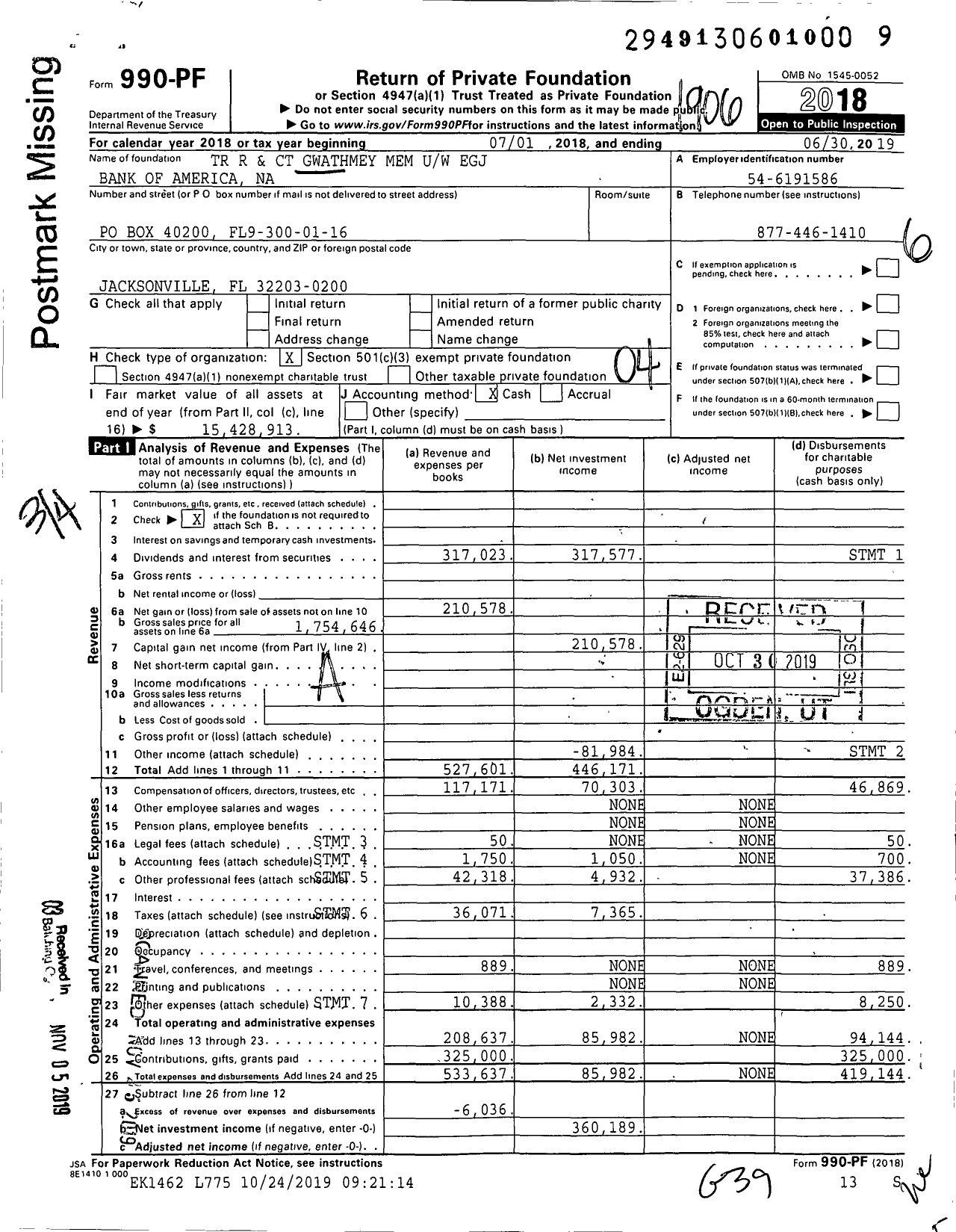 Image of first page of 2018 Form 990PF for TR R and CT Gwathmey Mem Uw Egj