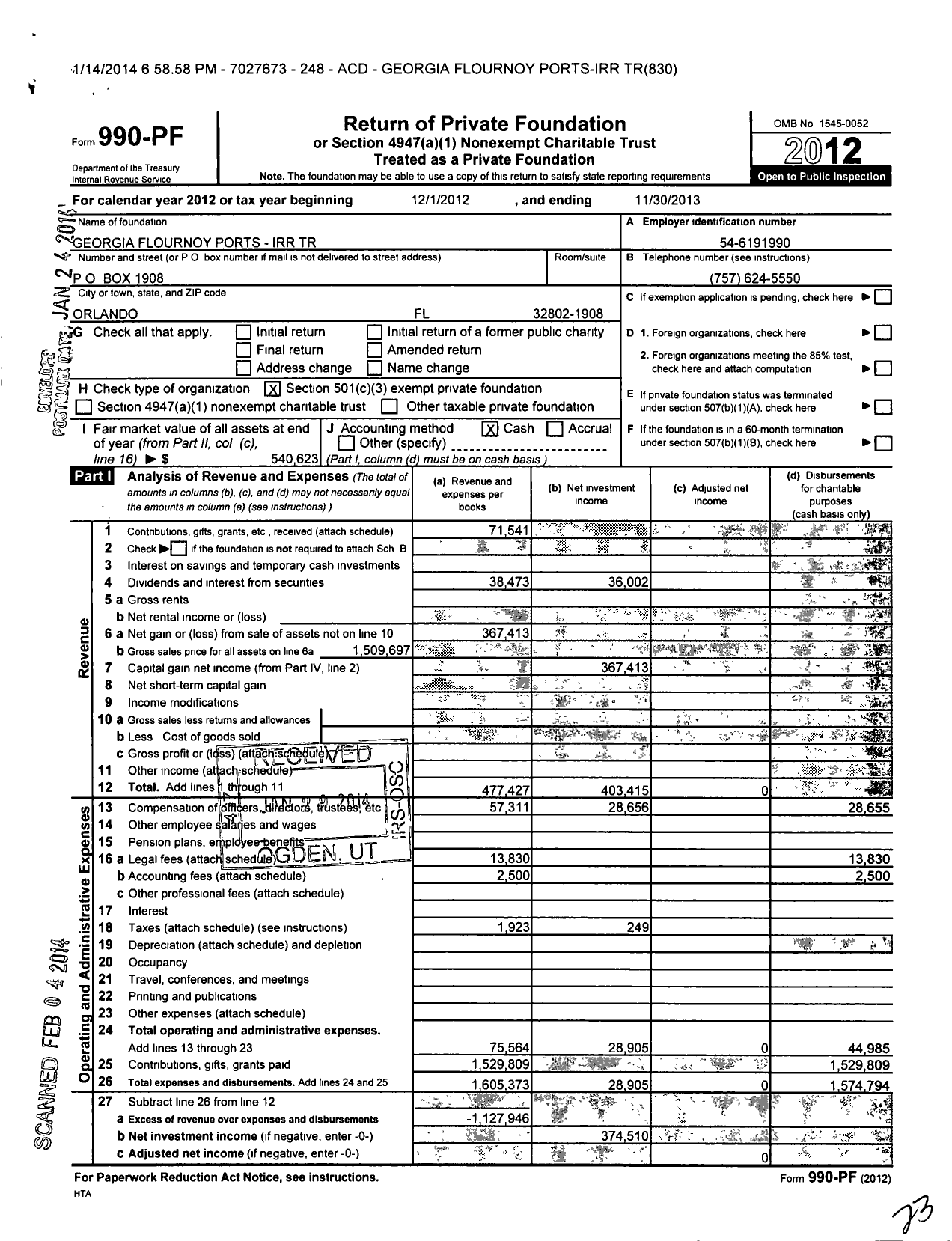 Image of first page of 2012 Form 990PF for Georgia Flournoy Ports - Irr Trust