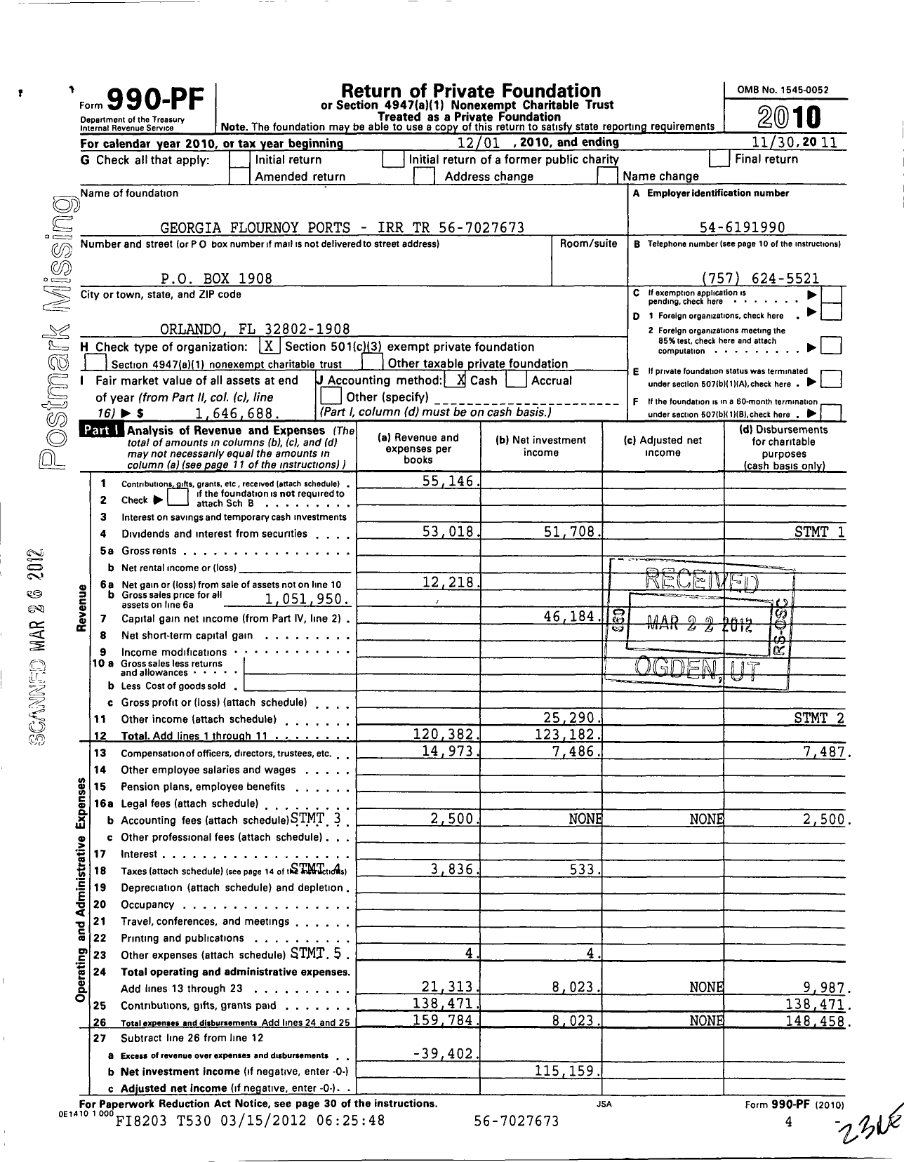 Image of first page of 2010 Form 990PF for Georgia Flournoy Ports - Irr Trust