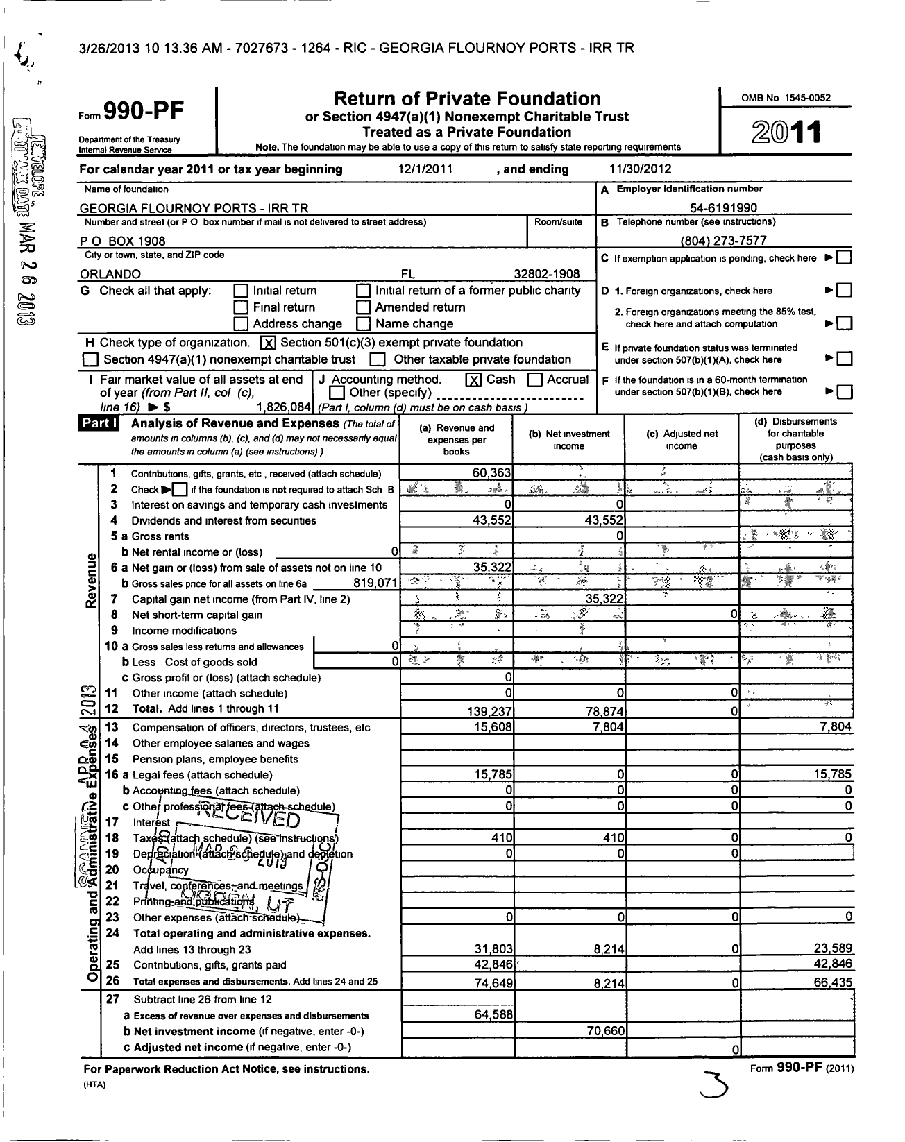 Image of first page of 2011 Form 990PF for Georgia Flournoy Ports - Irr Trust