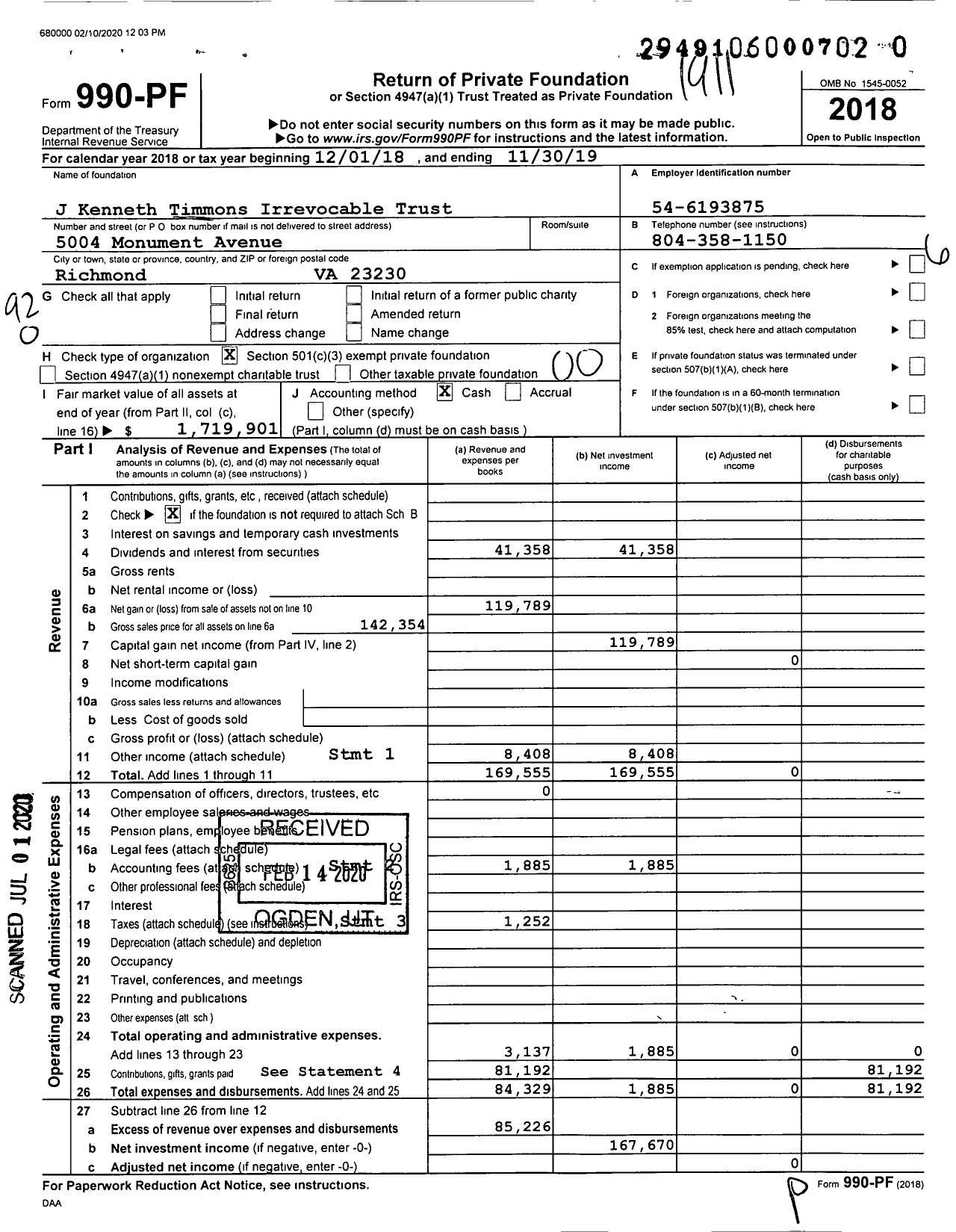 Image of first page of 2018 Form 990PR for J Kenneth Timmons Irrevocable Trust