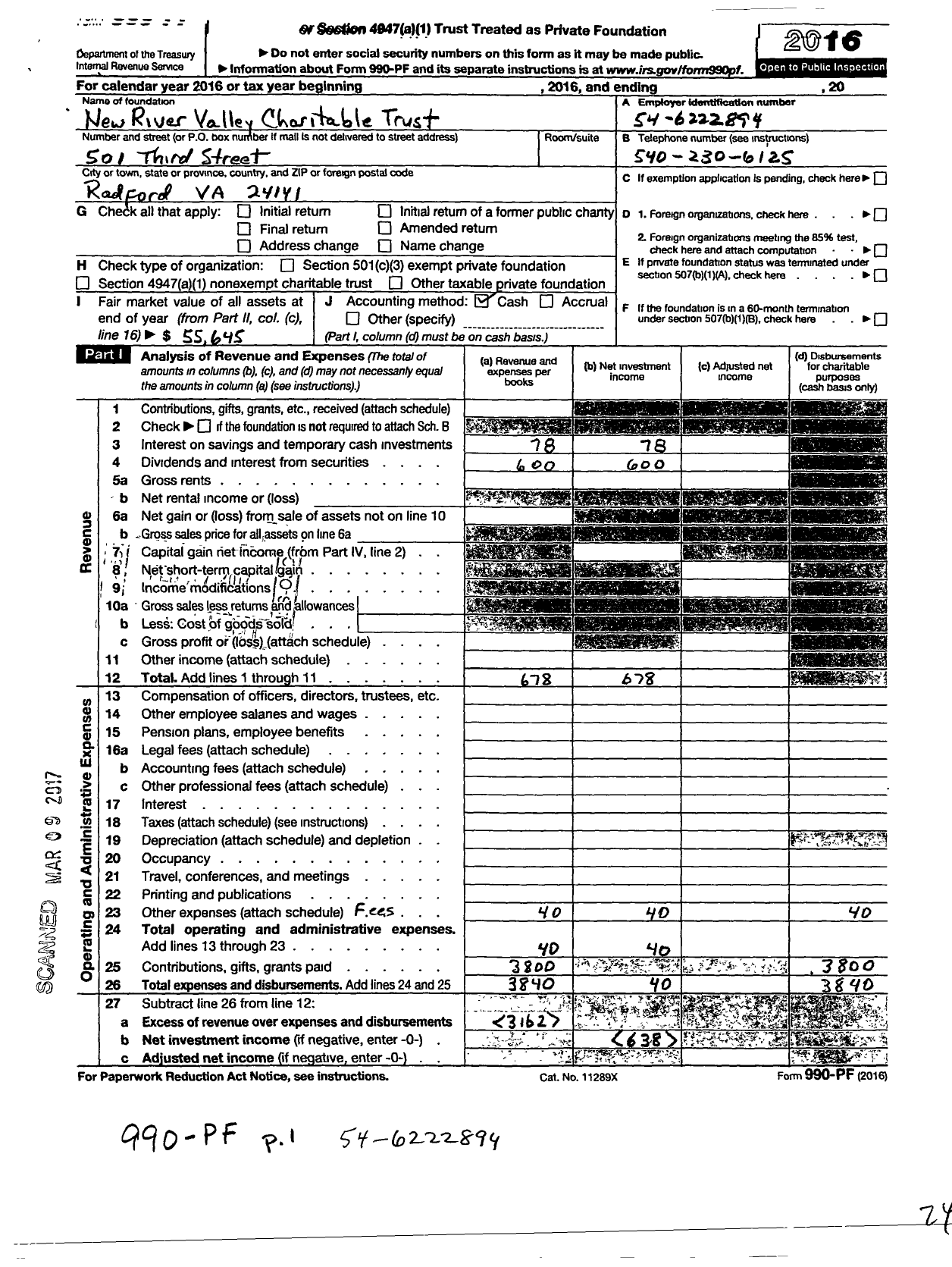 Image of first page of 2016 Form 990PF for New River Valley Charitable Trust