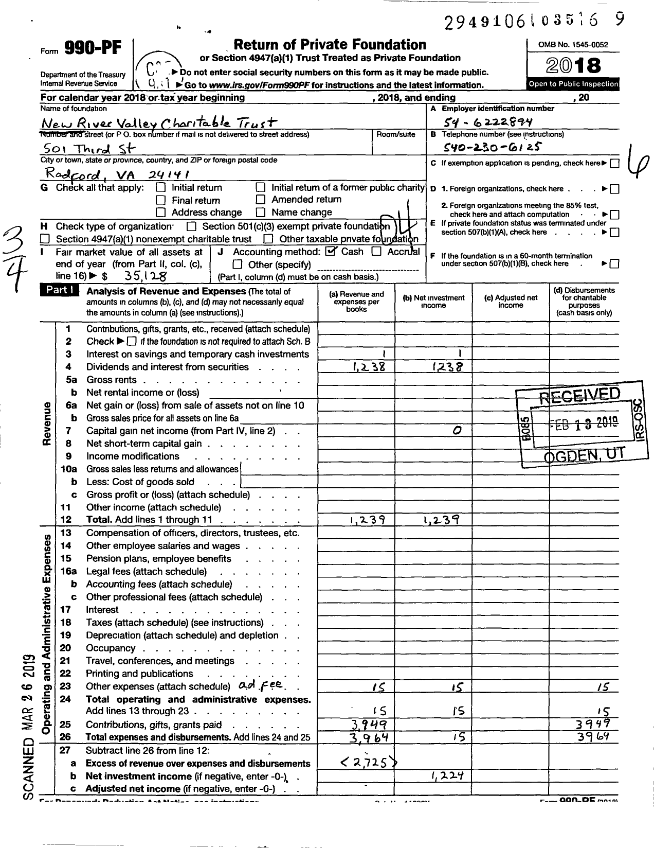 Image of first page of 2018 Form 990PF for New River Valley Charitable Trust