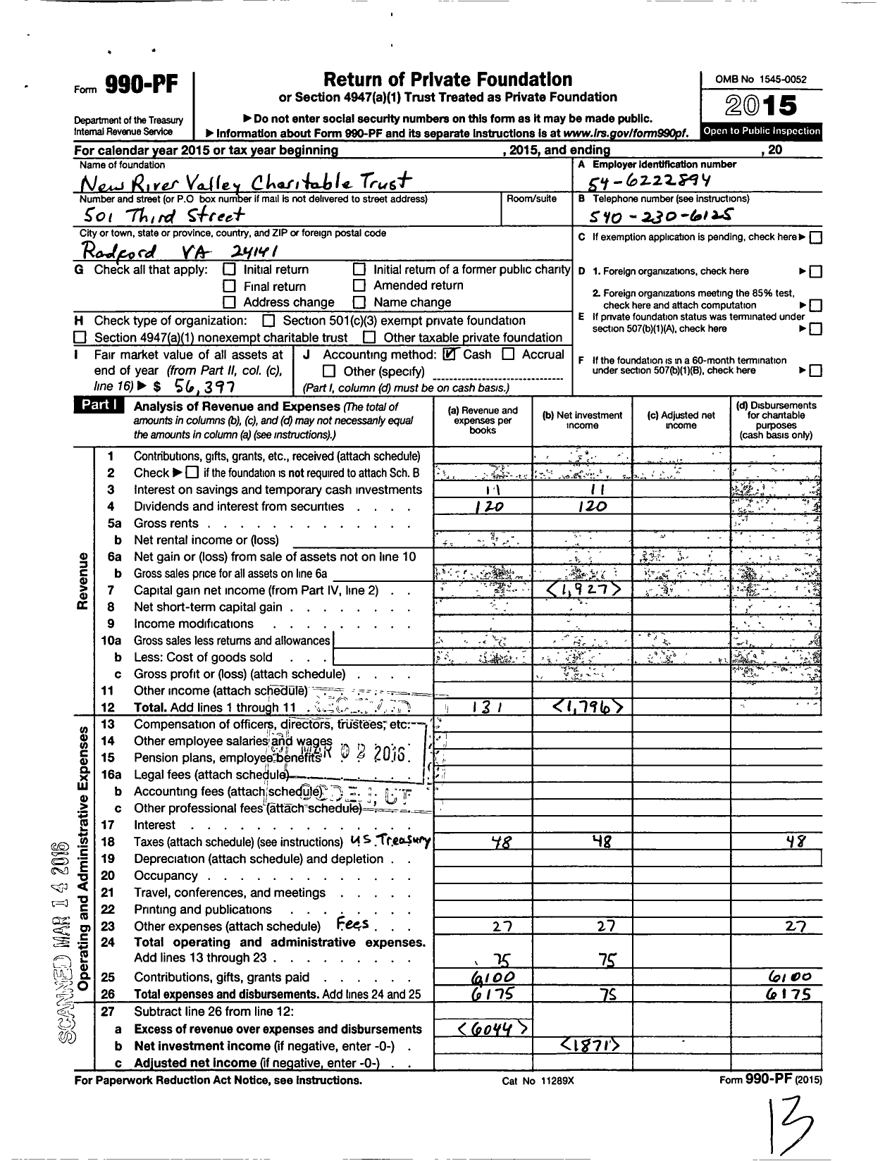 Image of first page of 2015 Form 990PF for New River Valley Charitable Trust