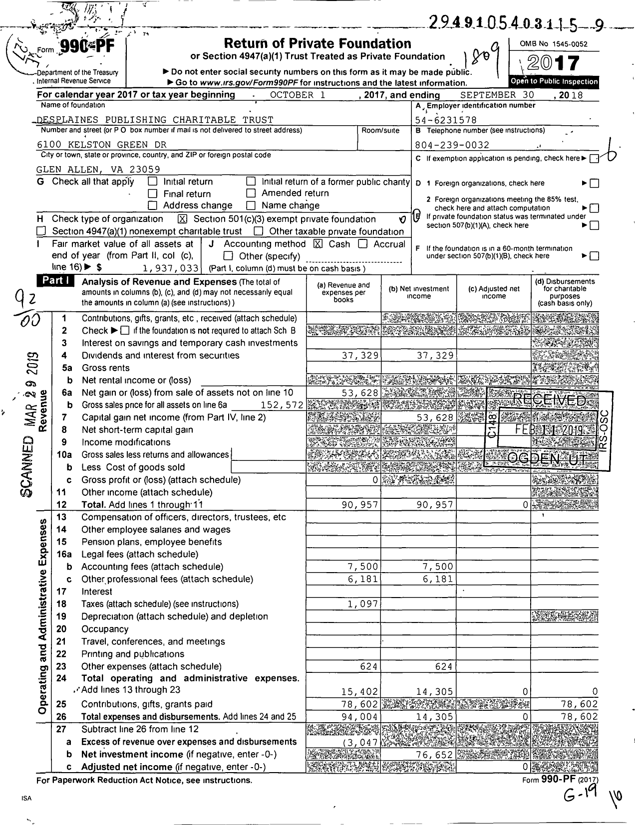 Image of first page of 2017 Form 990PF for Desplaines Plaines Publishing Charitable Trust