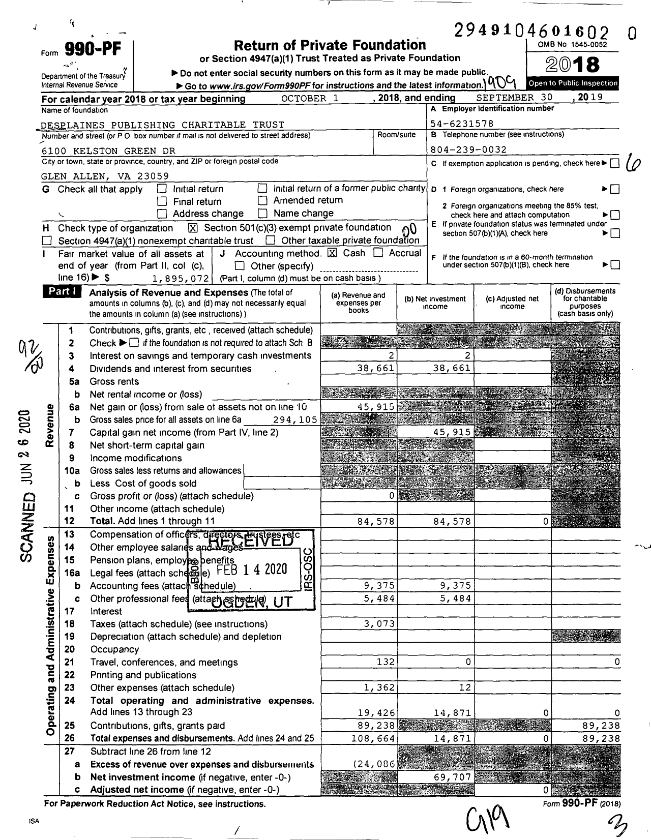 Image of first page of 2018 Form 990PR for Desplaines Plaines Publishing Charitable Trust