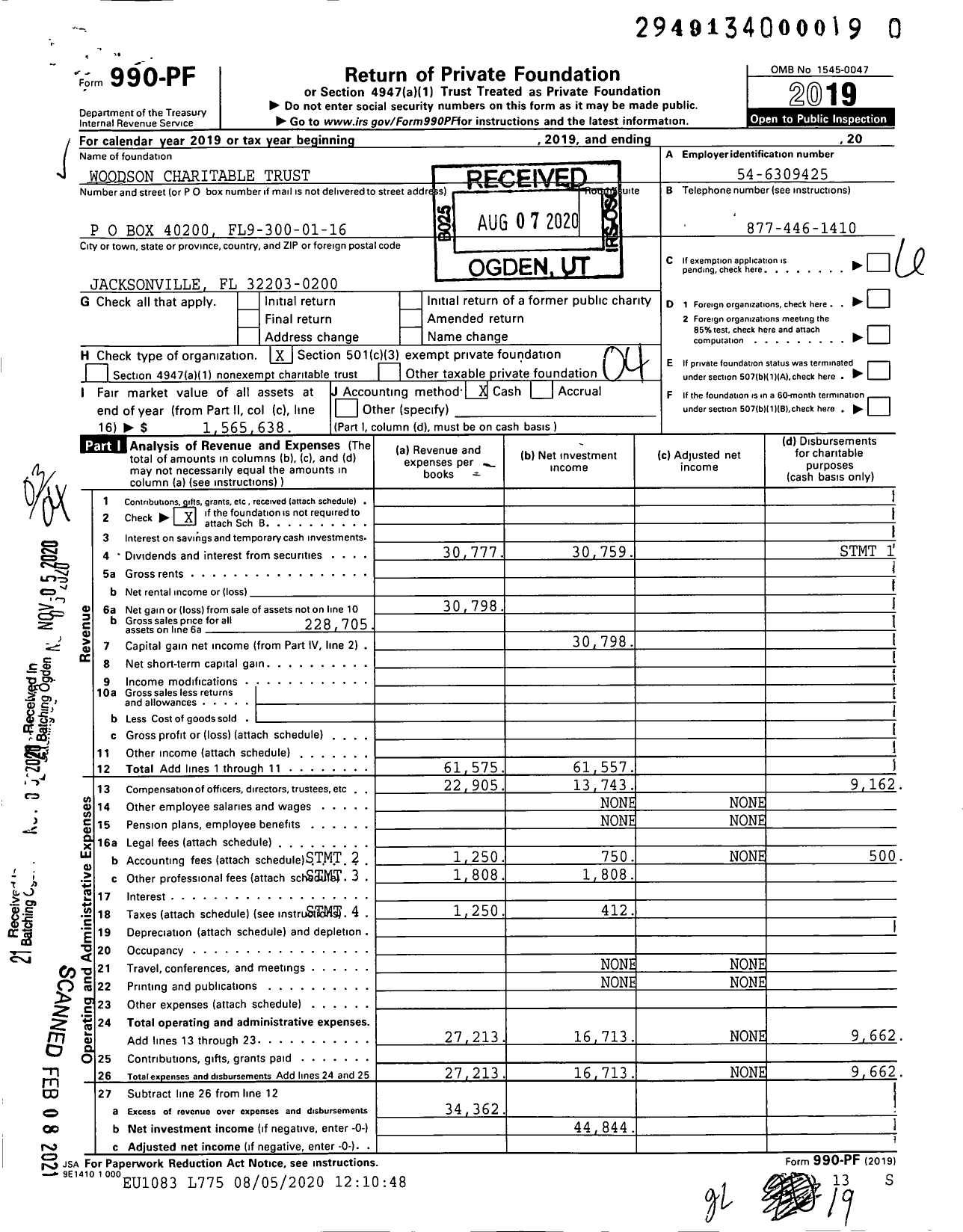 Image of first page of 2019 Form 990PF for Suc Tuw Woodson Charitable