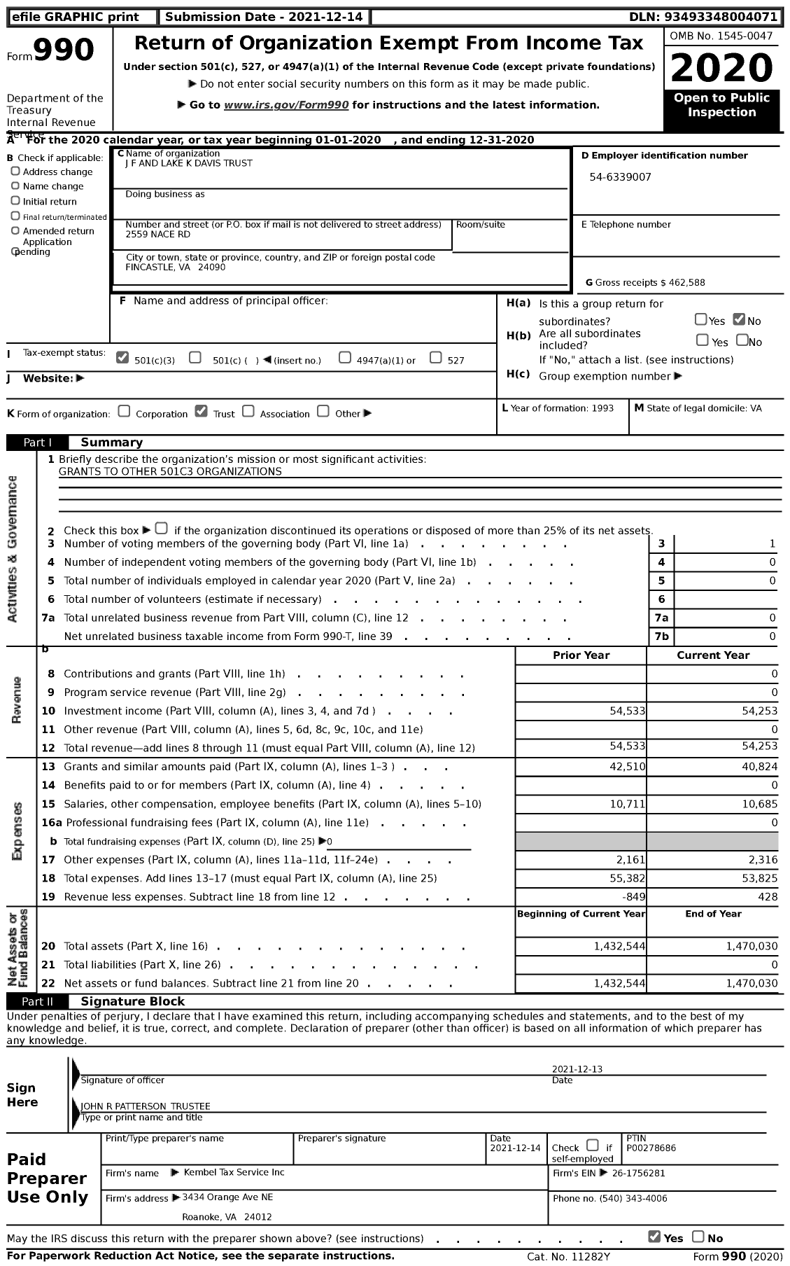 Image of first page of 2020 Form 990 for J F and Lake K Davis Trust