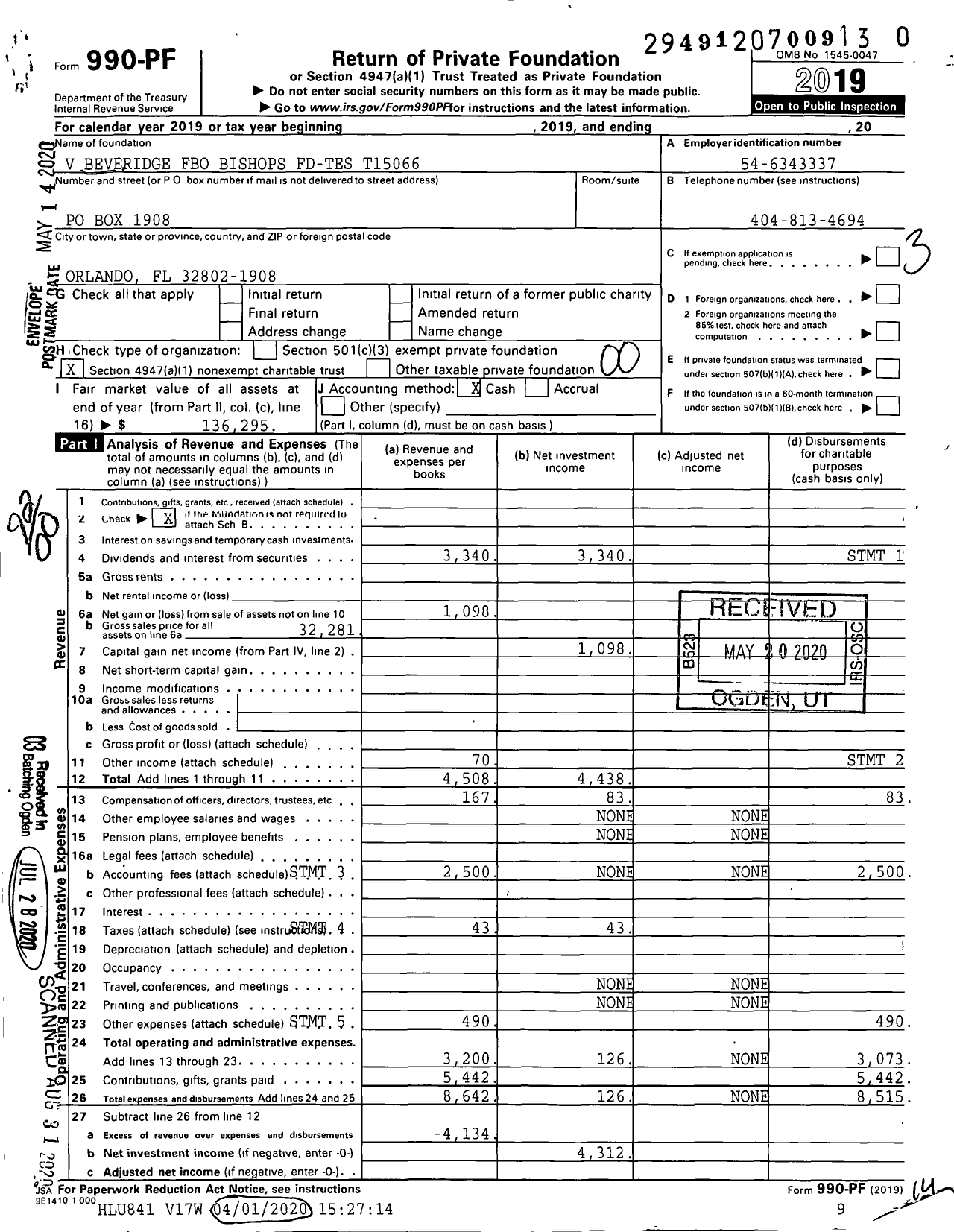 Image of first page of 2019 Form 990PR for V Beveridge Tuw Fbo Bishops Fund