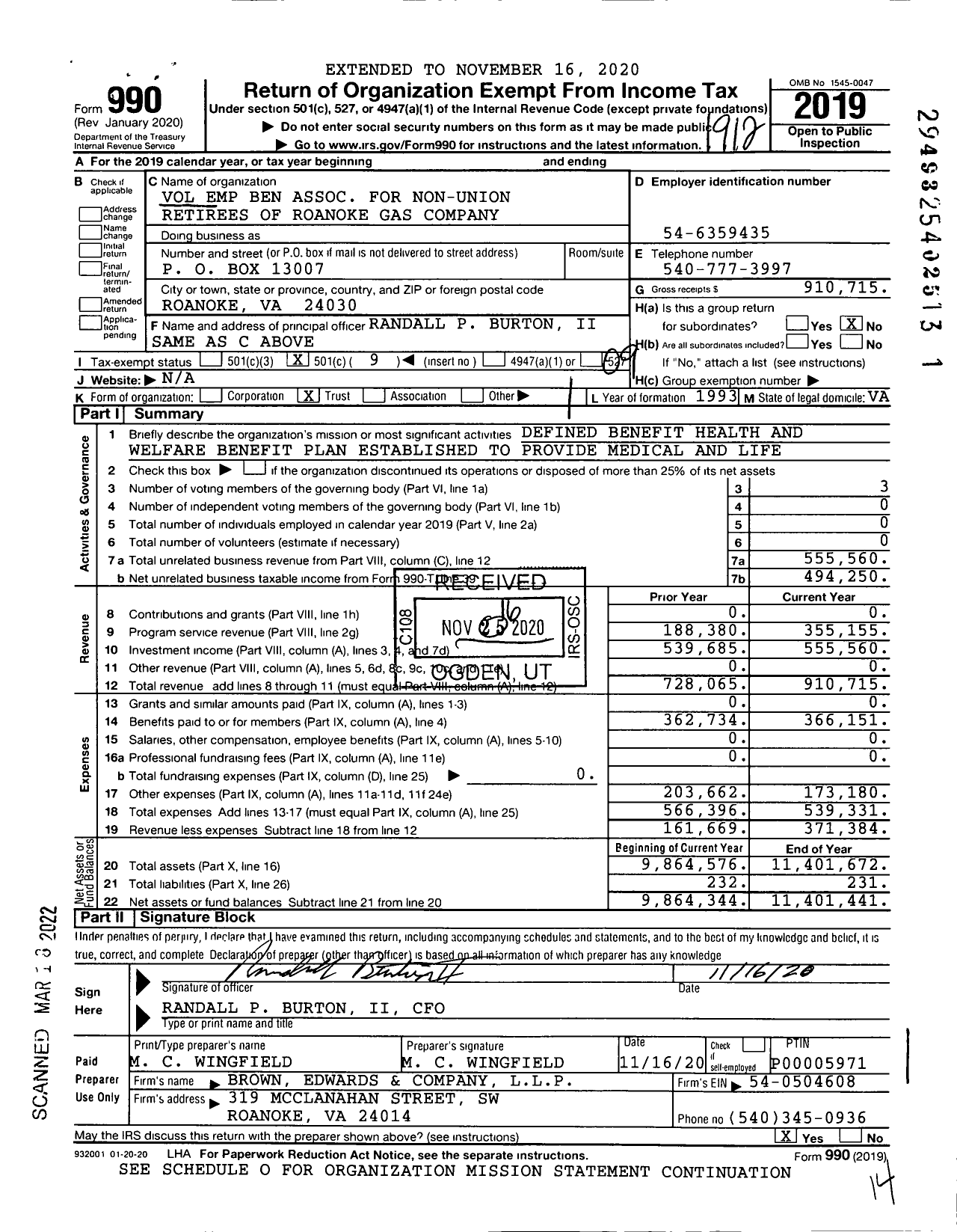 Image of first page of 2019 Form 990O for Non-Union Retirees of Roanoke Gas Voluntary Employees Beneficiary Plan