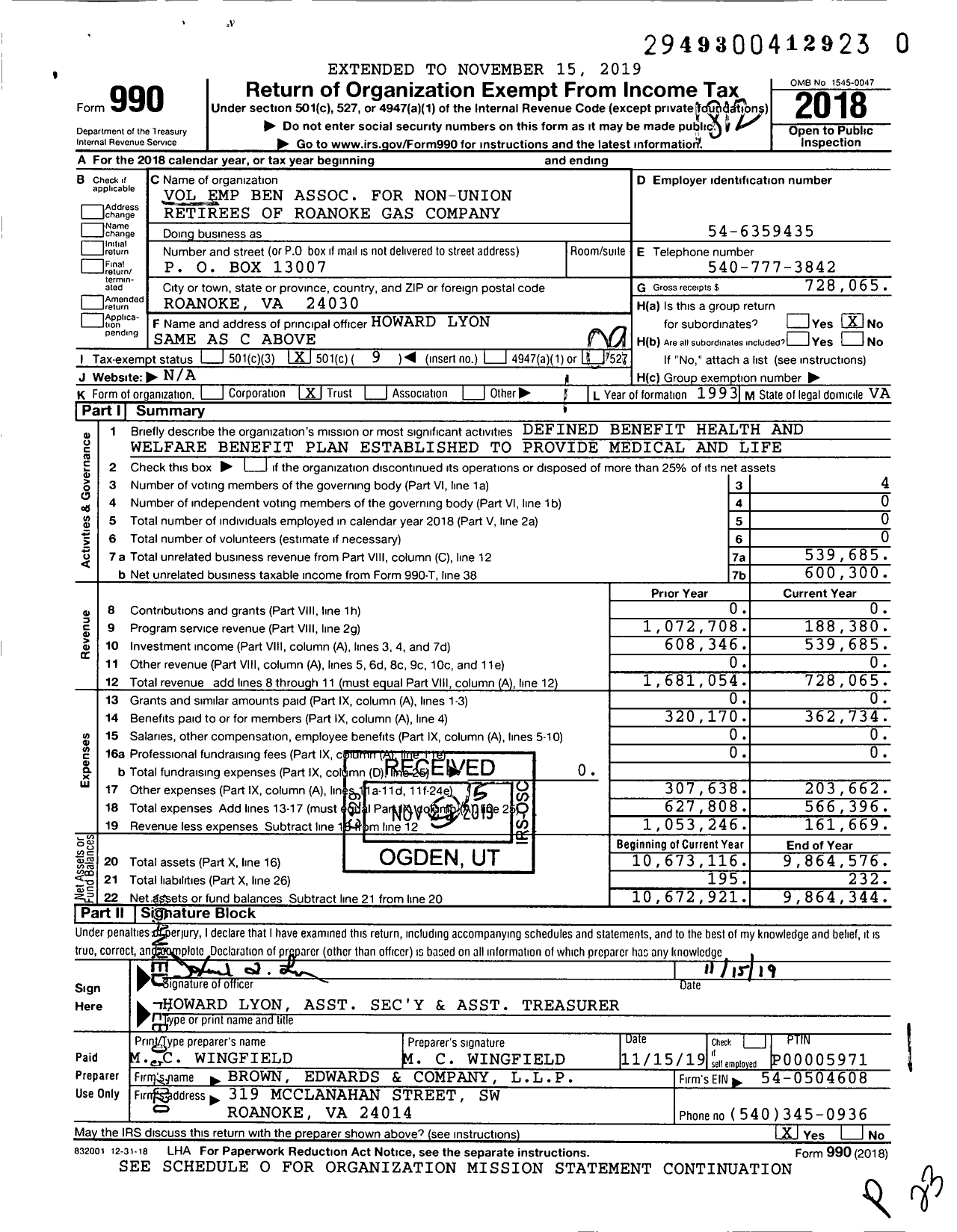 Image of first page of 2018 Form 990O for Non-Union Retirees of Roanoke Gas Voluntary Employees Beneficiary Plan