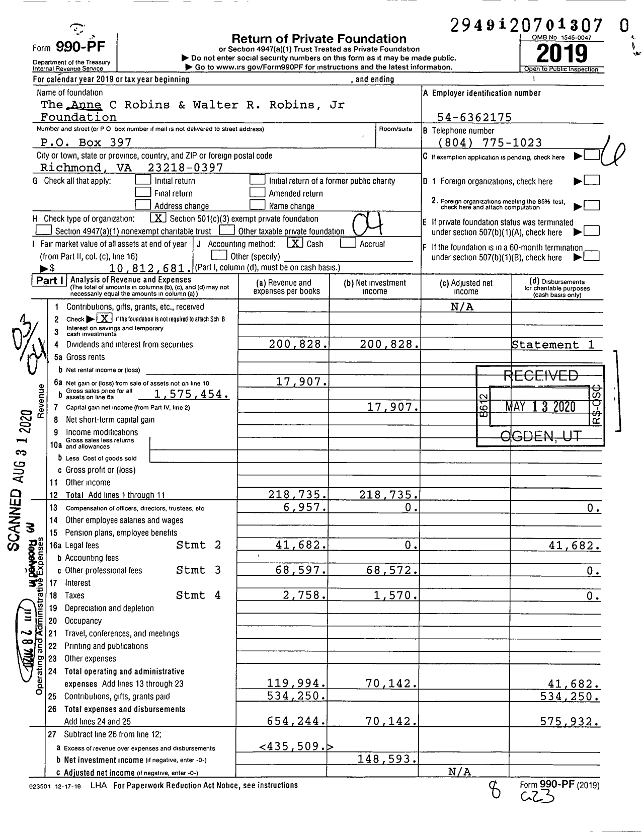 Image of first page of 2019 Form 990PR for The Anne C Robins & Walter R Robins Jr Foundation