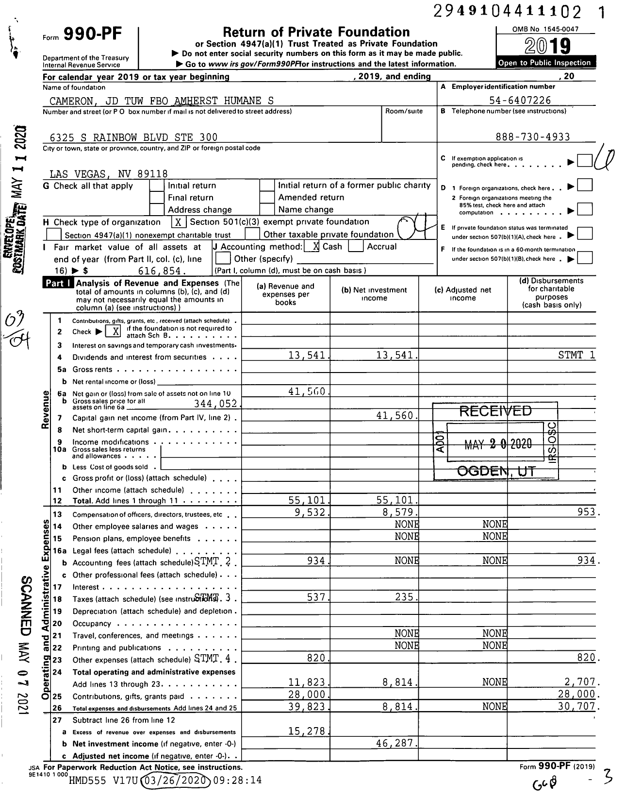 Image of first page of 2019 Form 990PF for Cameron JD Tuw Fbo Amherst Humane S