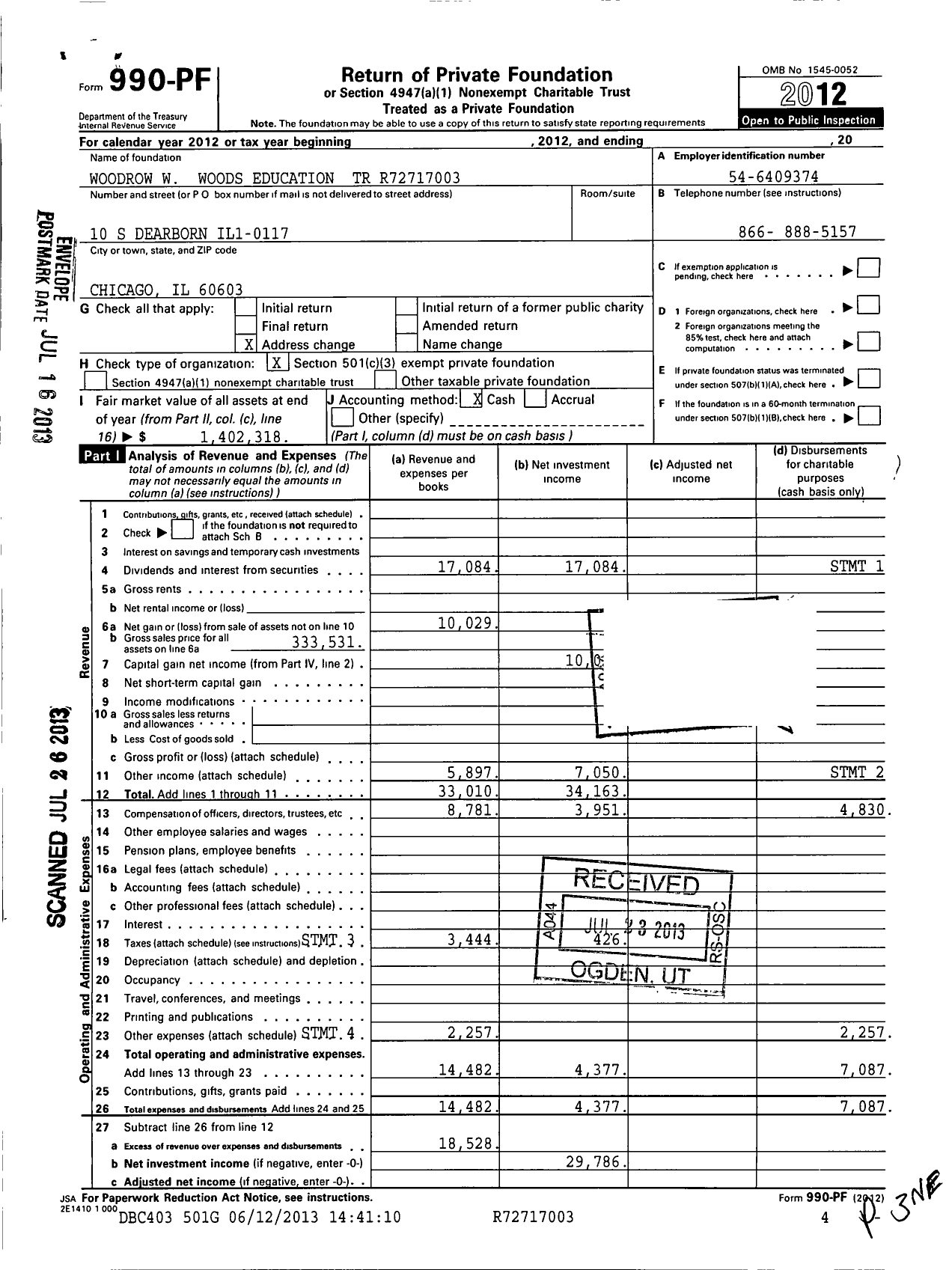 Image of first page of 2012 Form 990PF for Woodrow W Woods Education Trust