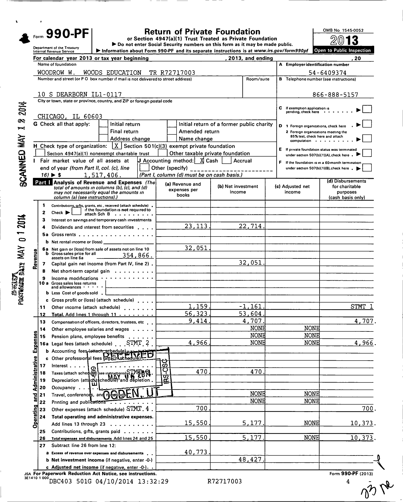 Image of first page of 2013 Form 990PF for Woodrow W Woods Education Trust