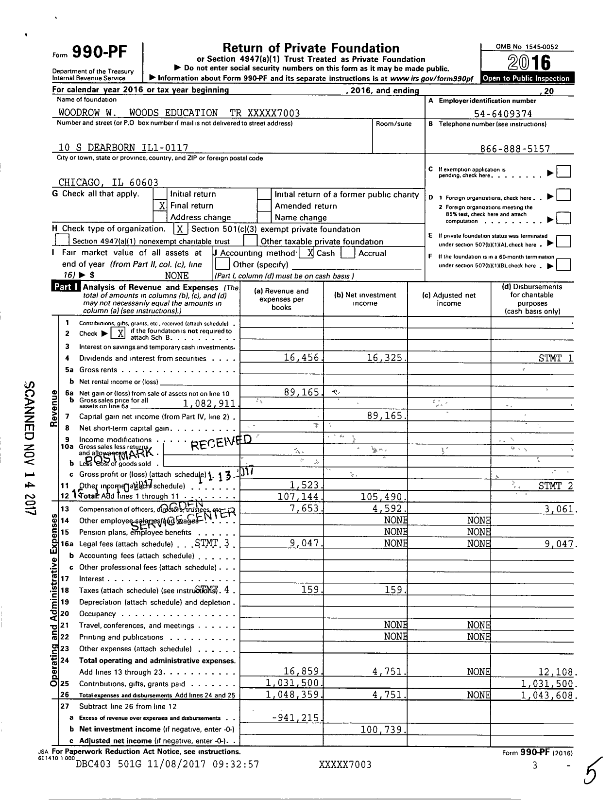 Image of first page of 2016 Form 990PF for Woodrow W Woods Education Trust