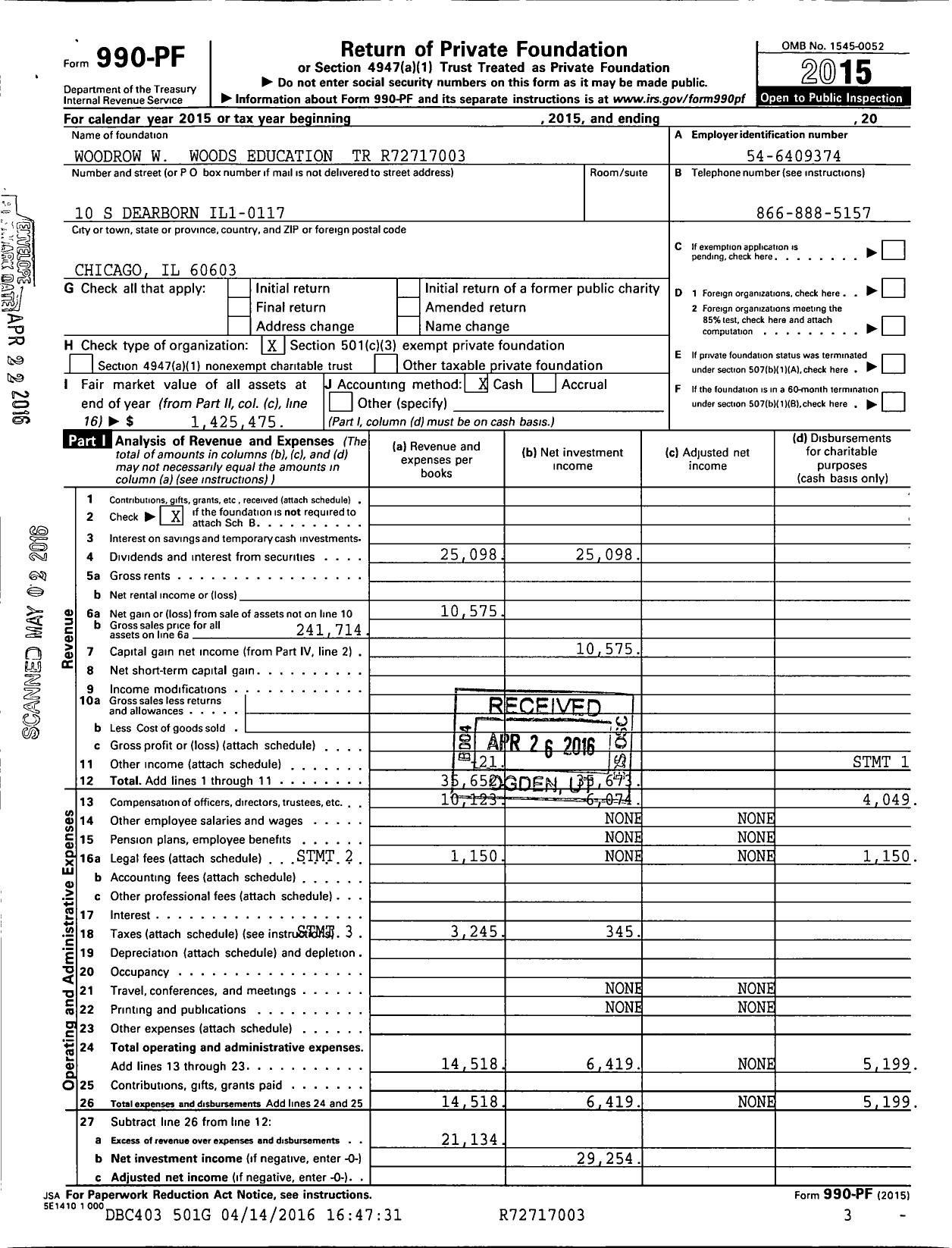 Image of first page of 2015 Form 990PF for Woodrow W Woods Education Trust