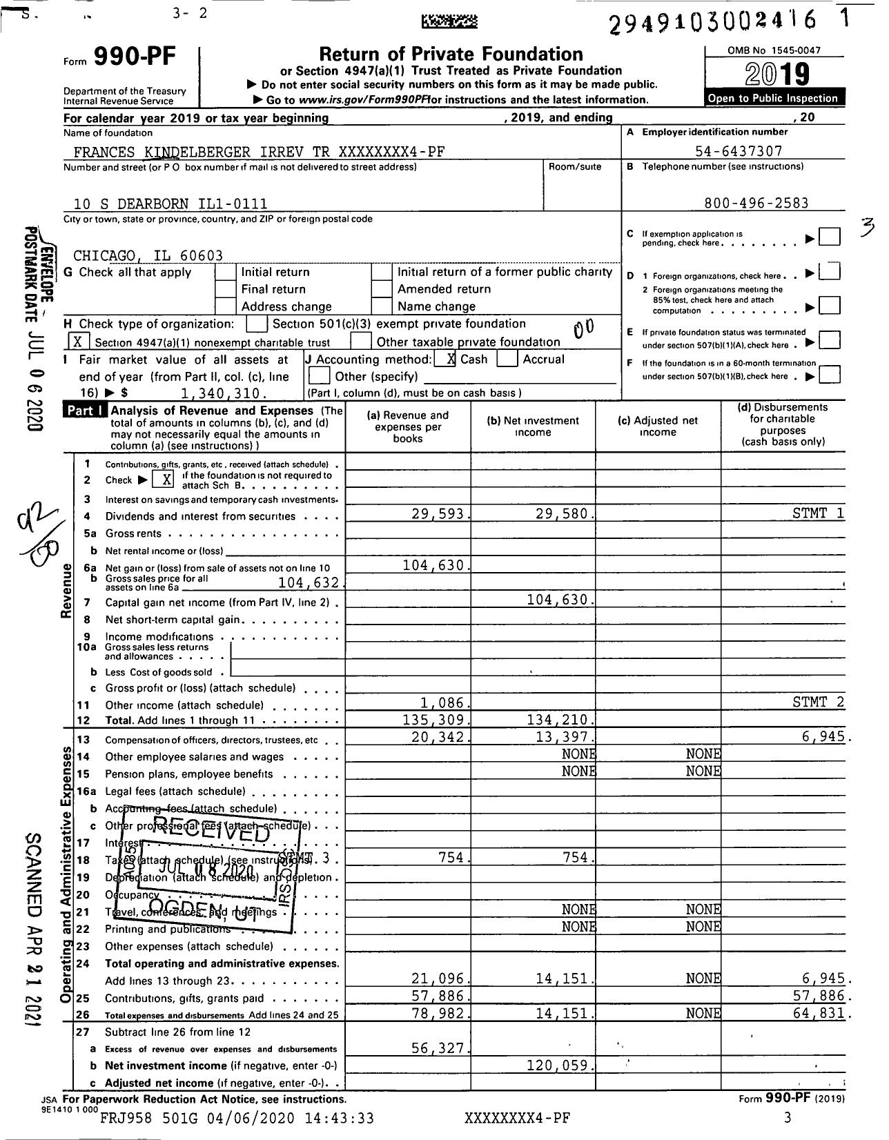 Image of first page of 2019 Form 990PF for Frances Kindelberger Irrev TR XXXXX0004