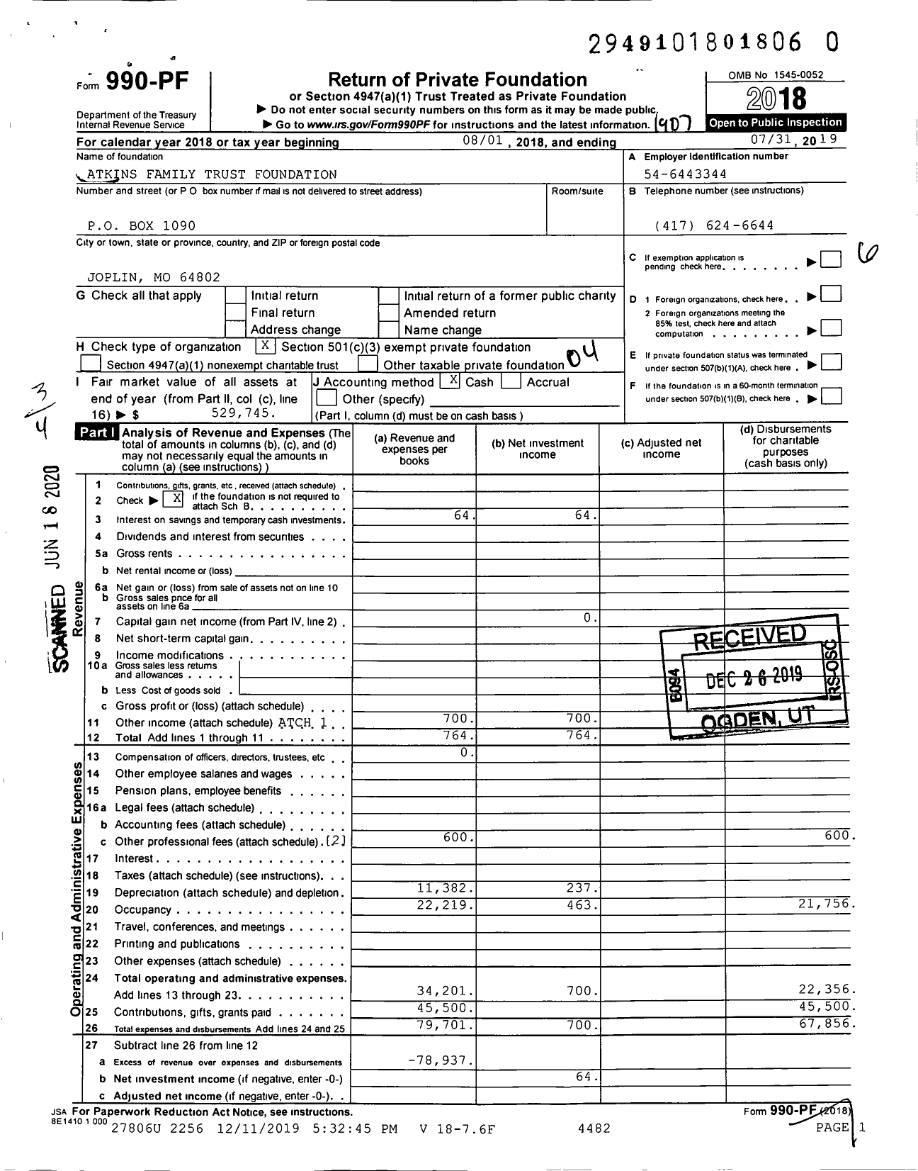 Image of first page of 2018 Form 990PR for Atkins Family Trust Foundation