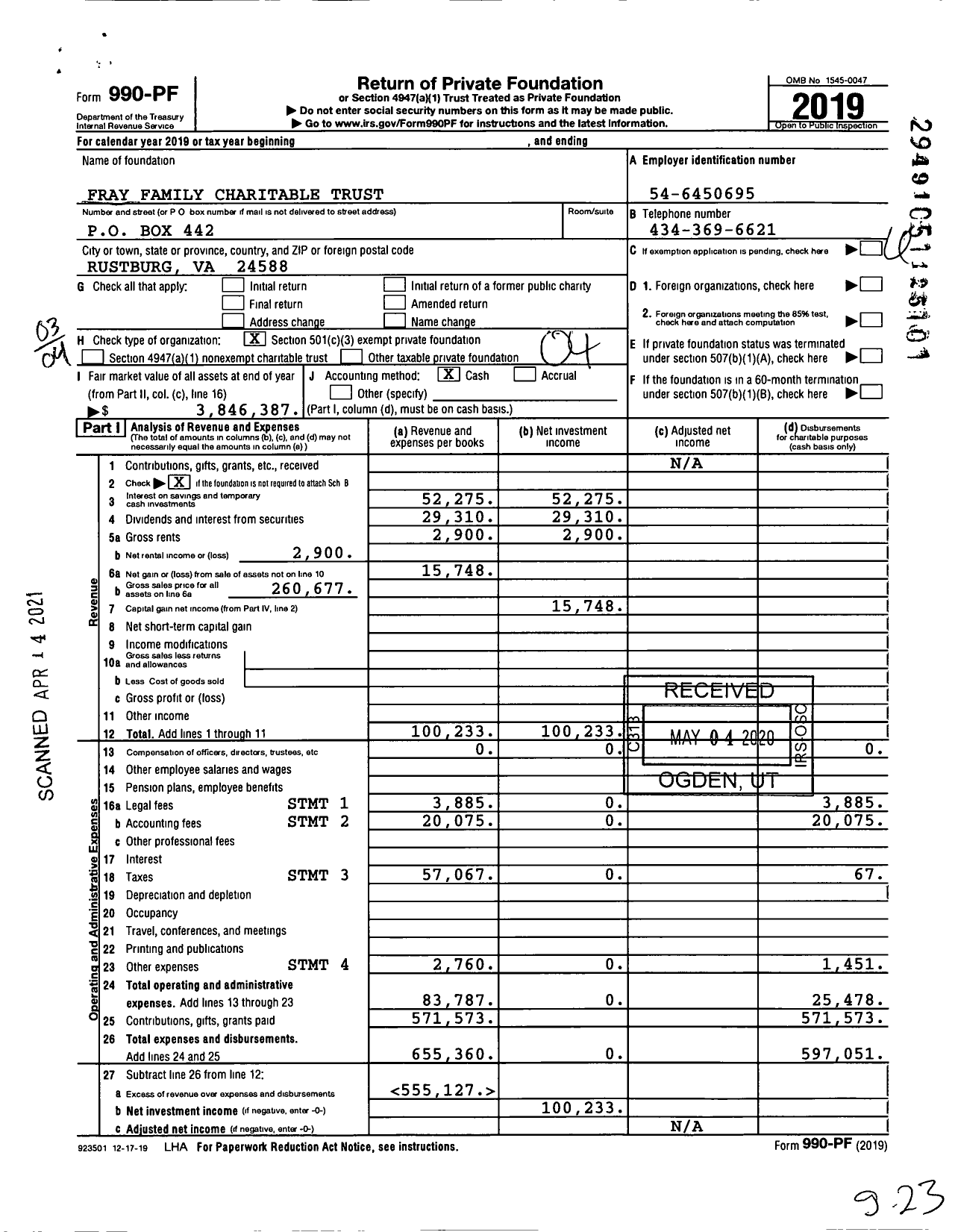 Image of first page of 2019 Form 990PF for Fray Family Charitable Trust