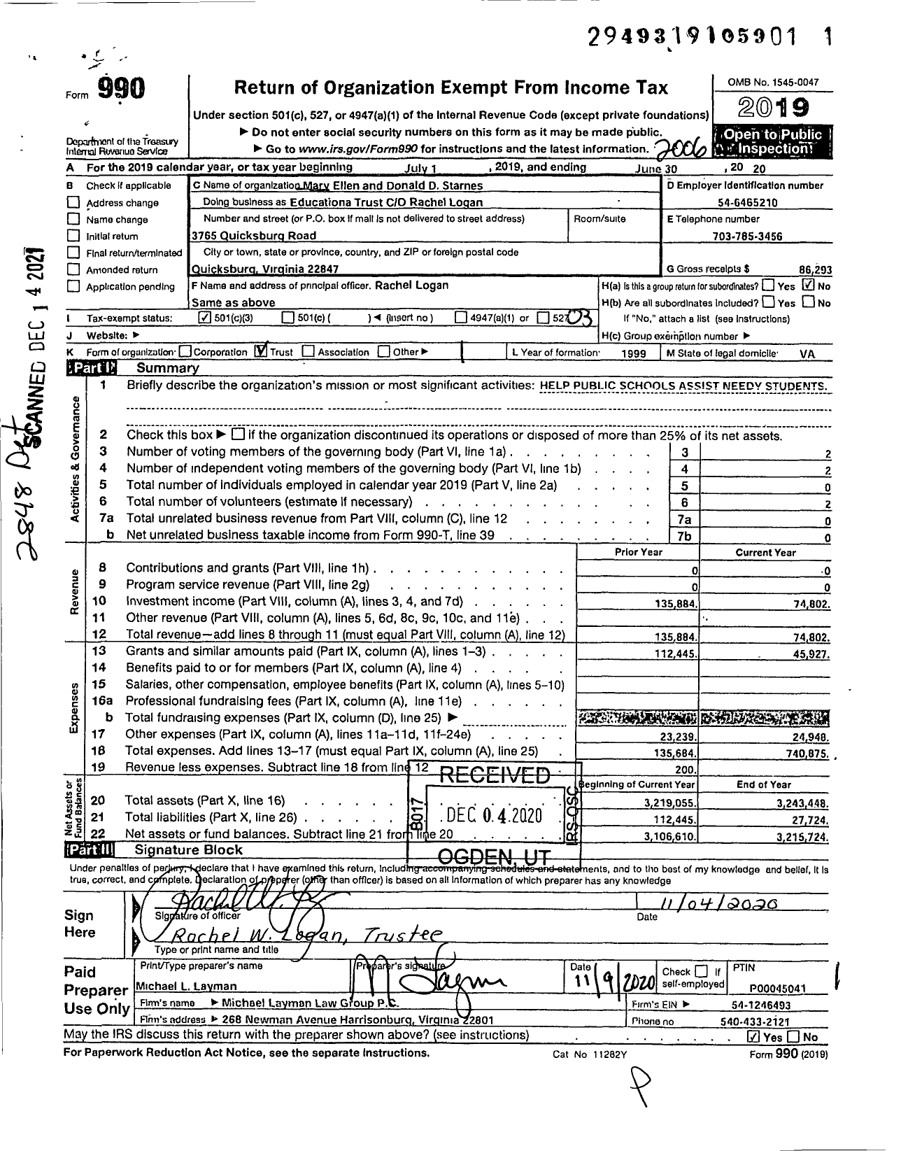 Image of first page of 2019 Form 990 for Mary Ellen and Donald D Starnes Educational Trust