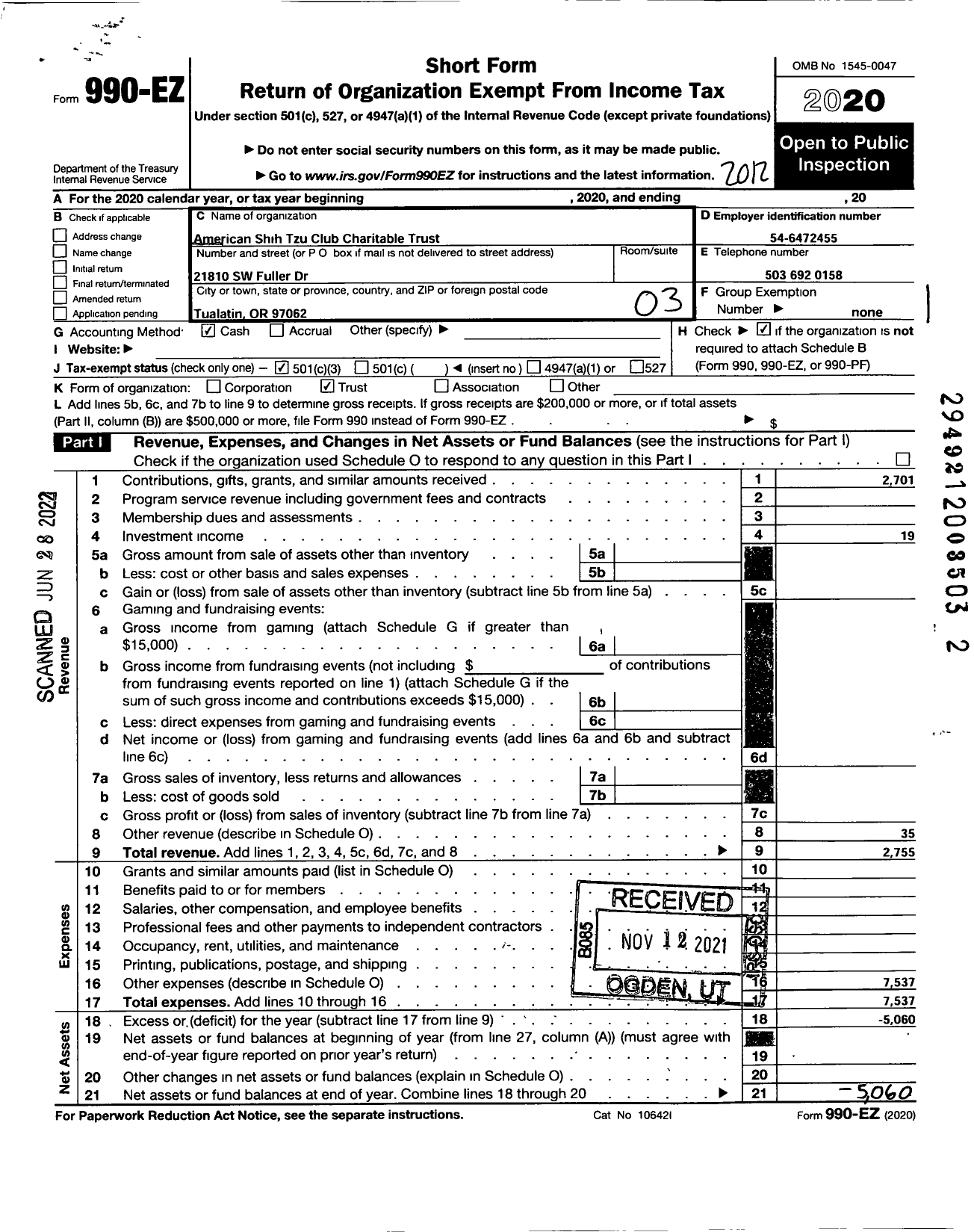 Image of first page of 2020 Form 990EZ for American Shih Tzu Club Charitable Trust