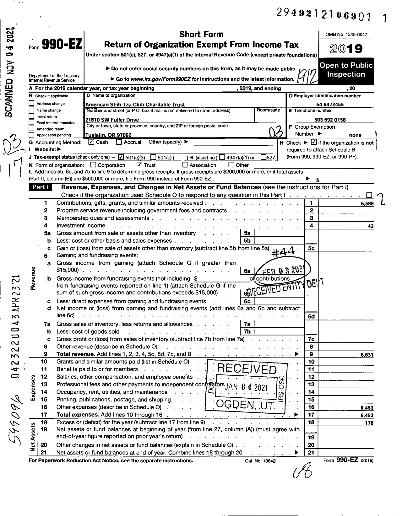 Image of first page of 2019 Form 990EZ for American Shih Tzu Club Charitable Trust