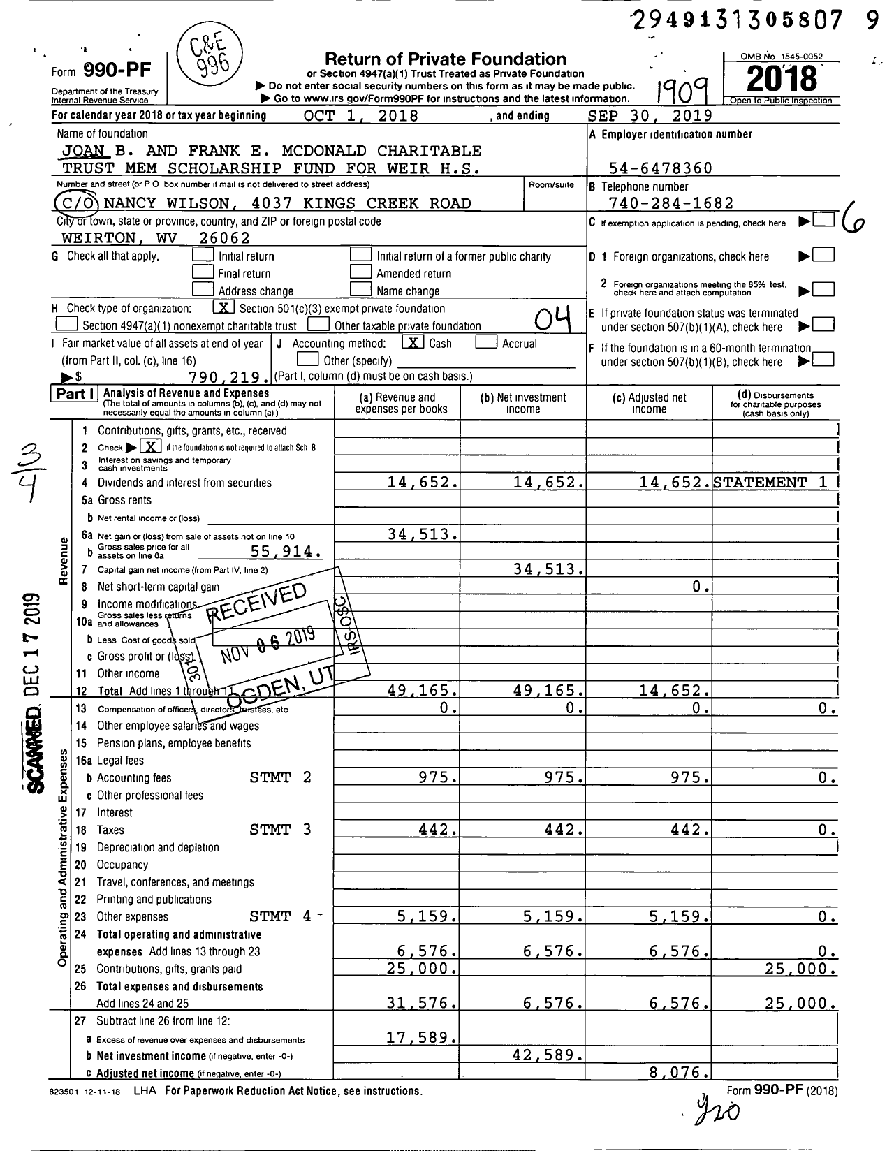 Image of first page of 2018 Form 990PF for Joan B and Frank E Mcdonald Charitable Trust Mem Scholarship Fund for Weir