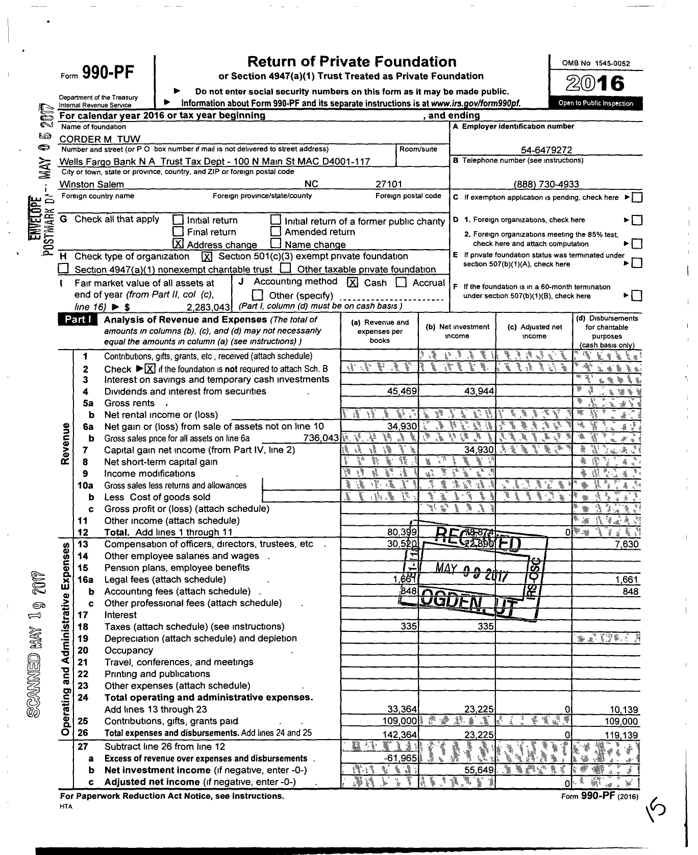 Image of first page of 2016 Form 990PF for Corder M Tuw