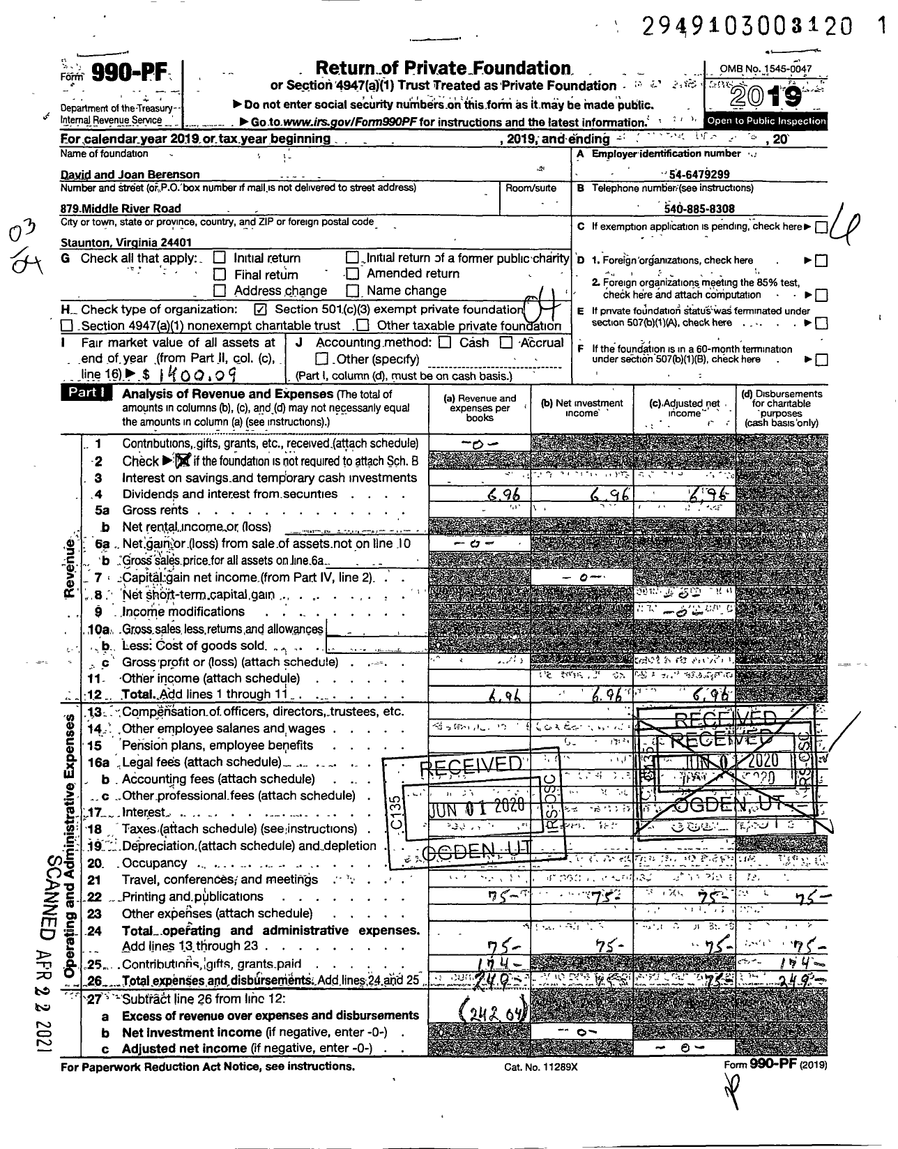 Image of first page of 2019 Form 990PF for David and Joan Berenson Foundation