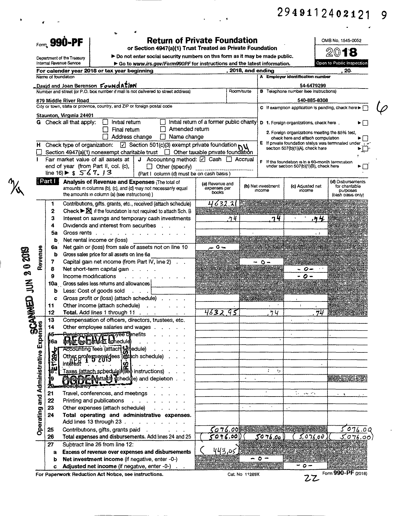 Image of first page of 2018 Form 990PF for David and Joan Berenson Foundation