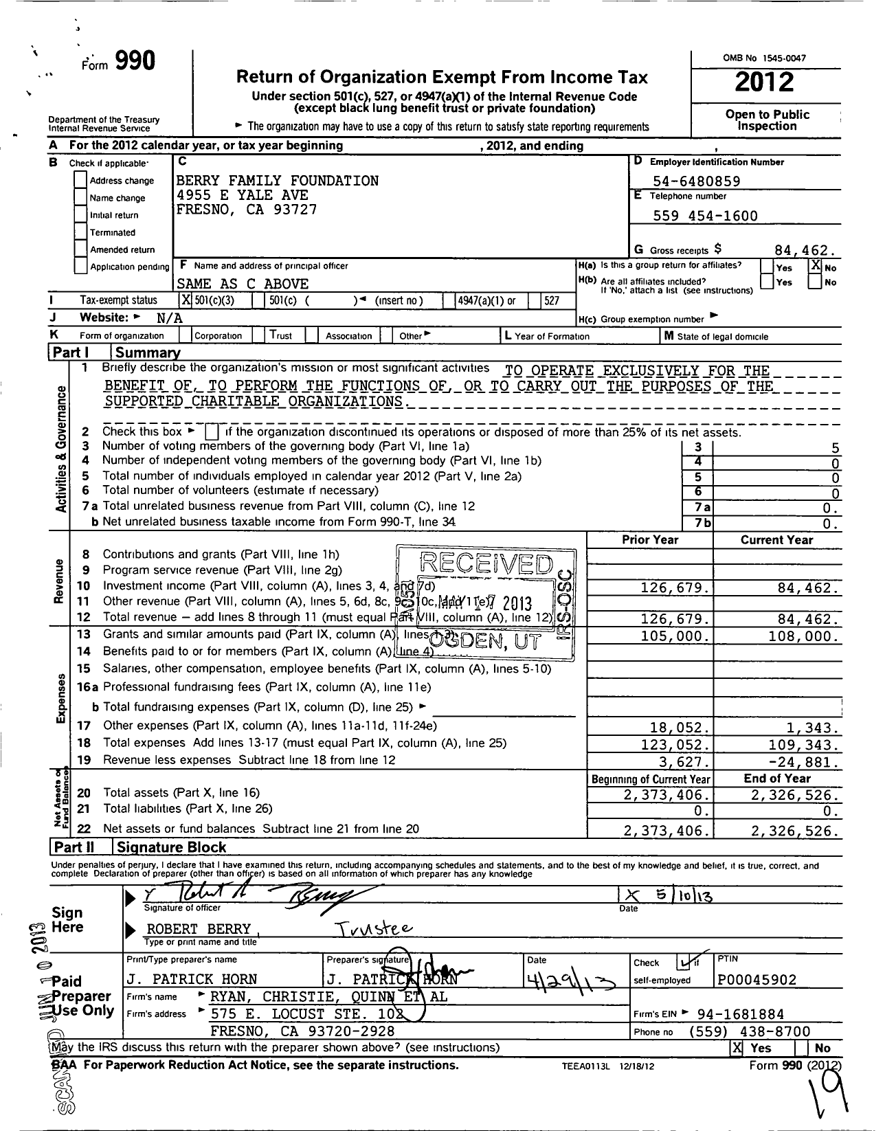 Image of first page of 2012 Form 990 for Berry Family Foundation