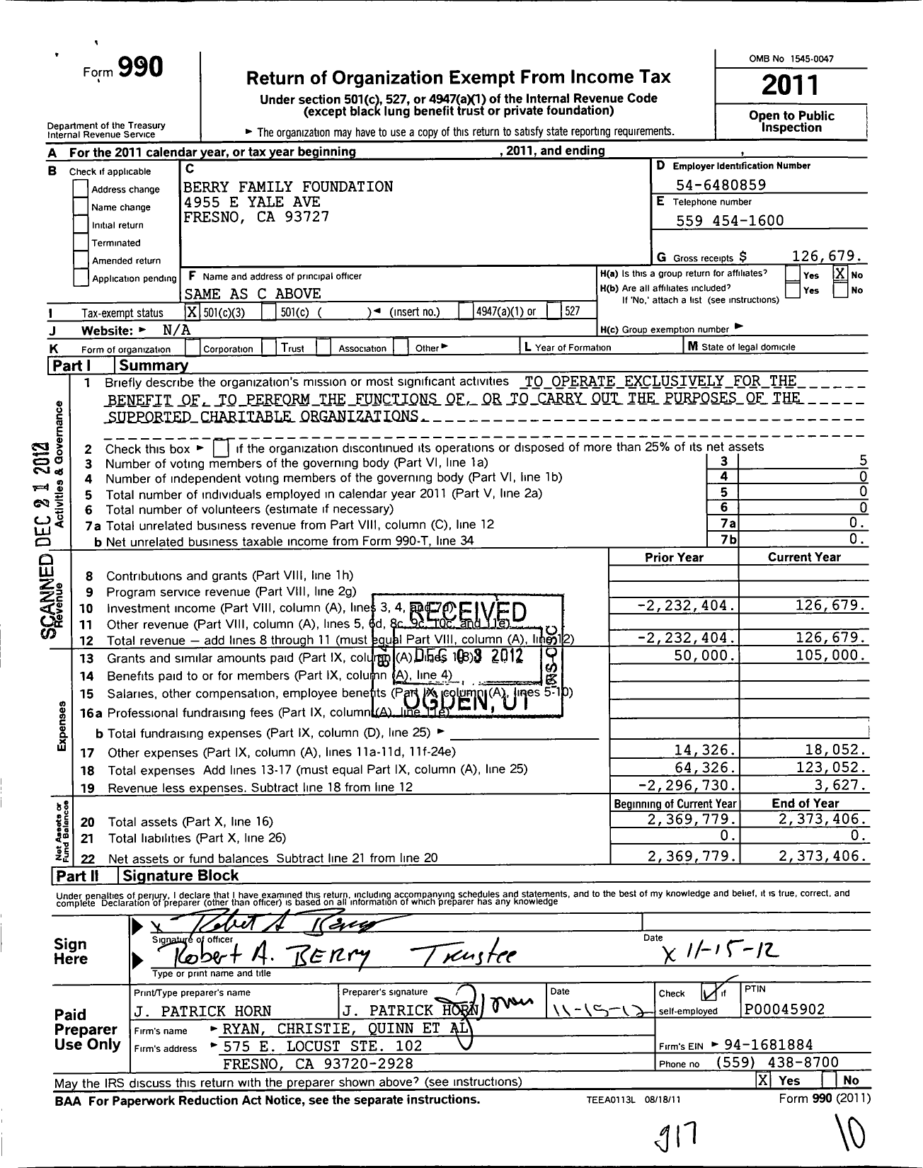 Image of first page of 2011 Form 990 for Berry Family Foundation