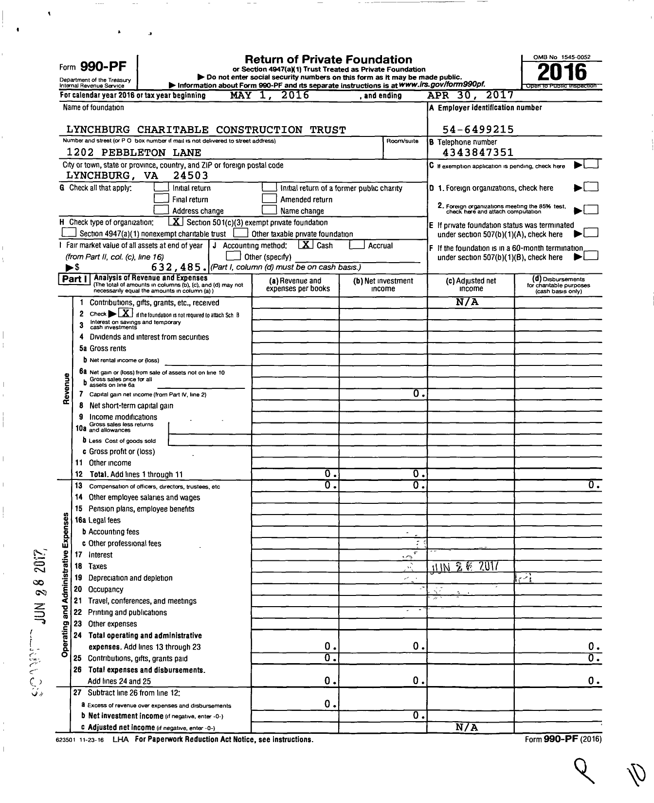 Image of first page of 2016 Form 990PF for Lynchburg Charitable Construction Trust