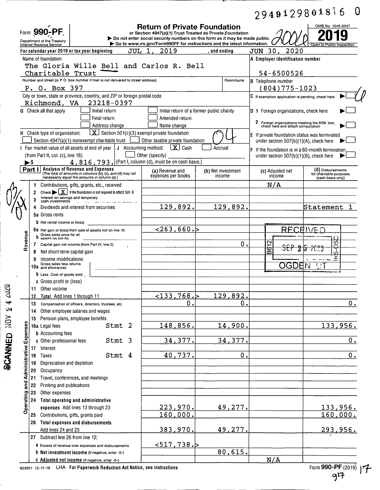 Image of first page of 2019 Form 990PF for The Gloria Wille Bell and Carlos R Bell Charitable Trust