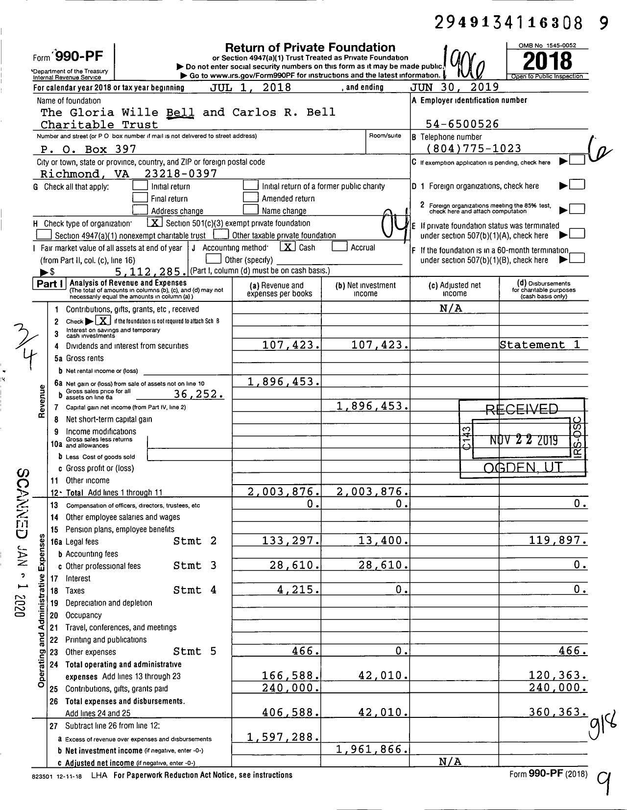 Image of first page of 2018 Form 990PF for The Gloria Wille Bell and Carlos R Bell Charitable Trust