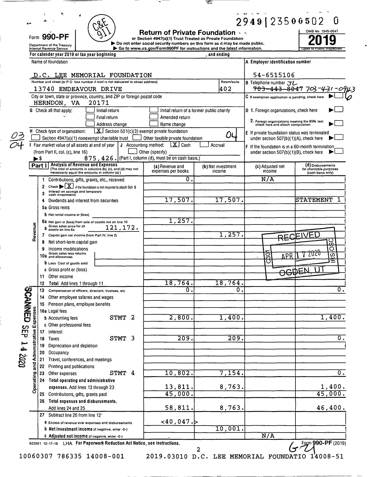 Image of first page of 2019 Form 990PR for DC Lee Memorial Foundation